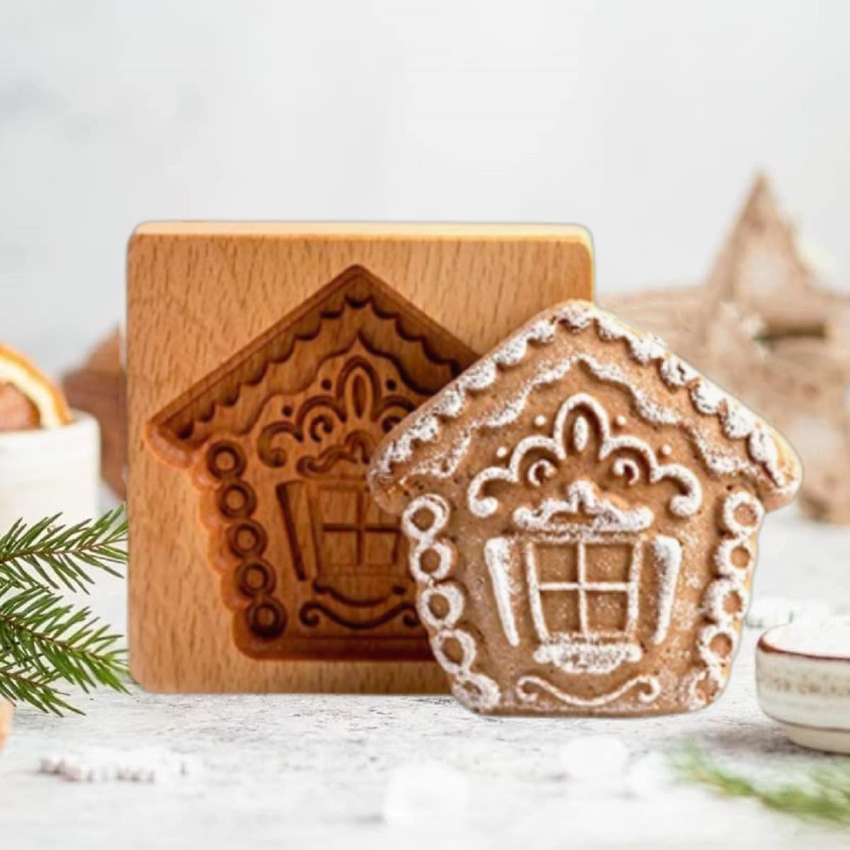 Hand-Carved Wooden Cookie Molds for Baking - DIY Gingerbread & Biscuit Embossing Press Stamp - House-Shaped Wood Kitchen Cookie Cutter for Christmas, Wedding & Holiday Decorations