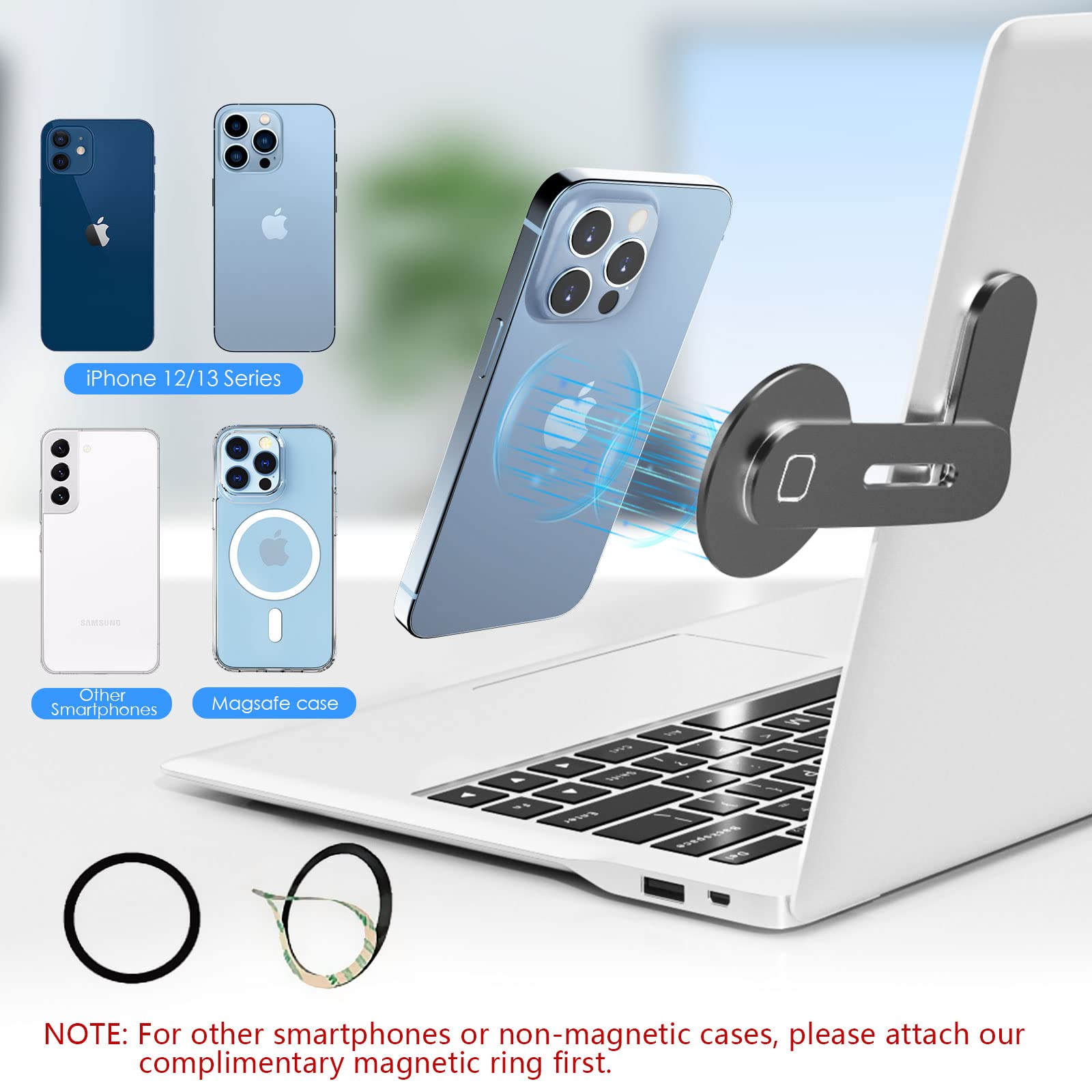 imluckies Magnetic Laptop Phone Holder - Adjustable Side Mount Clip for iPhone 16/15/14/13/12 Series & MagSafe Case | Universal Foldable Phone Stand for All Smartphones | Portable Computer Monitor Bracket (Black) - Perfect for Home Office, Workstation & Travel Use