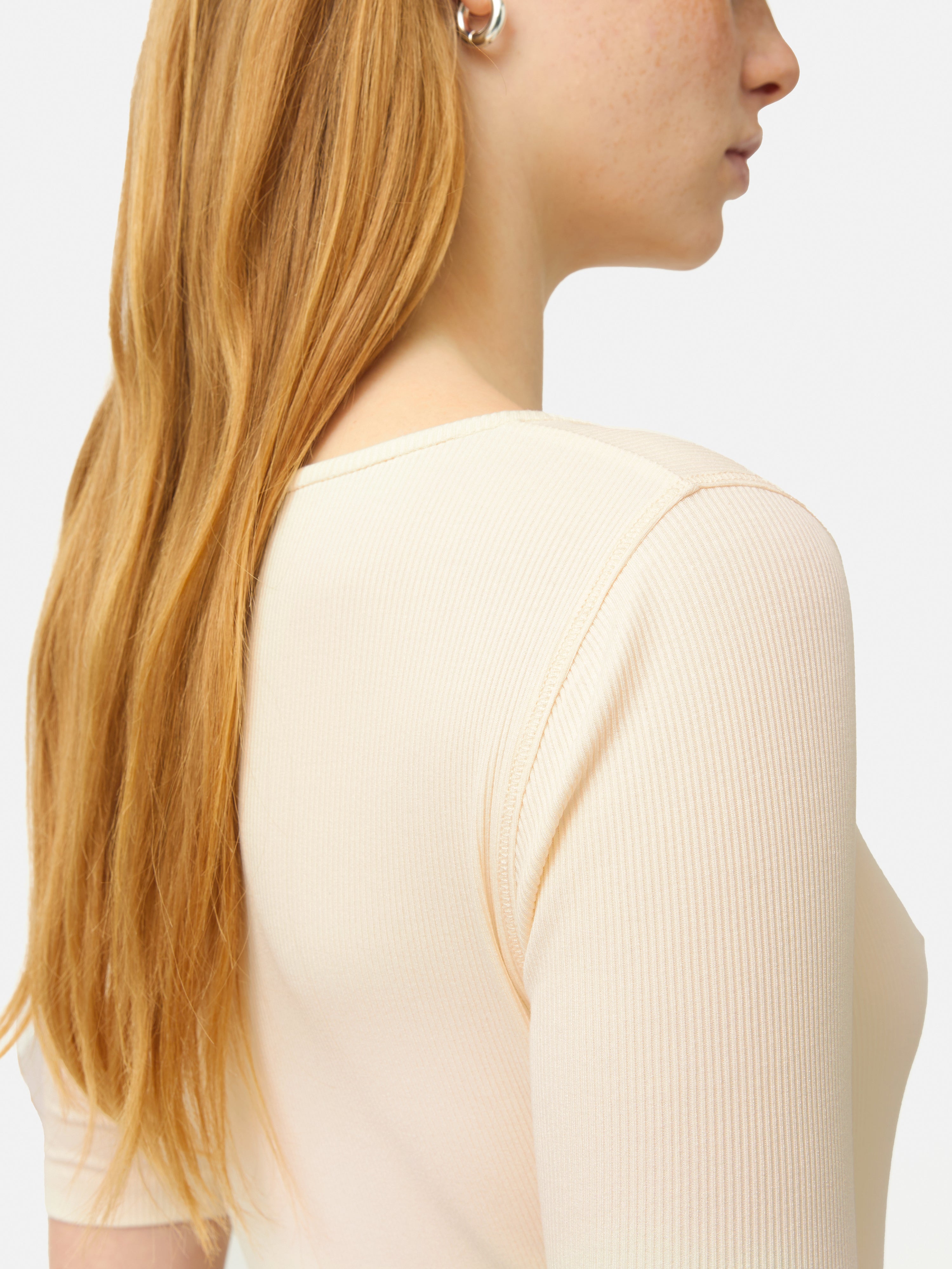 Women's Scoop Neck Ribbed Knit Top in Ecru - Casual Stretch Fit T-Shirt for Everyday Wear, Layering & Outfits