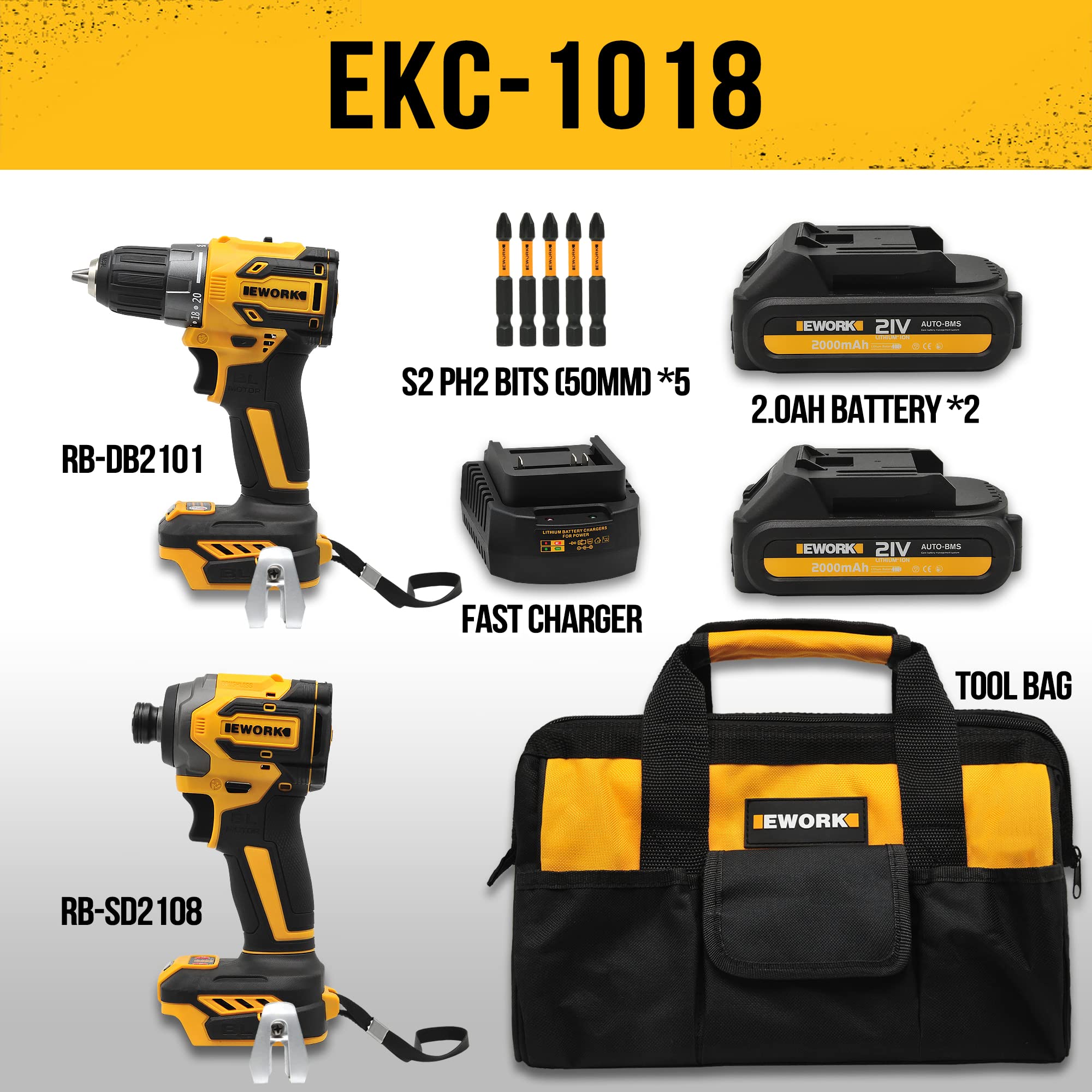 EWORK 21V Brushless Cordless Drill and Impact Driver Combo Kit - 2.0Ah Lithium-Ion Battery, Fast Charger & Tool Bag Included (EKC-1018) - Perfect for DIY Projects, Home Repairs, and Professional Construction Work