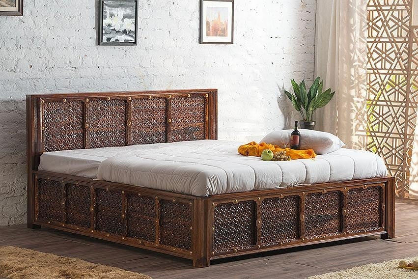 Antique Brass Embossed Solid Wood Storage Bed with Brass Panache - Elegant Vintage Bedroom Furniture for Master Bedroom & Guest Room