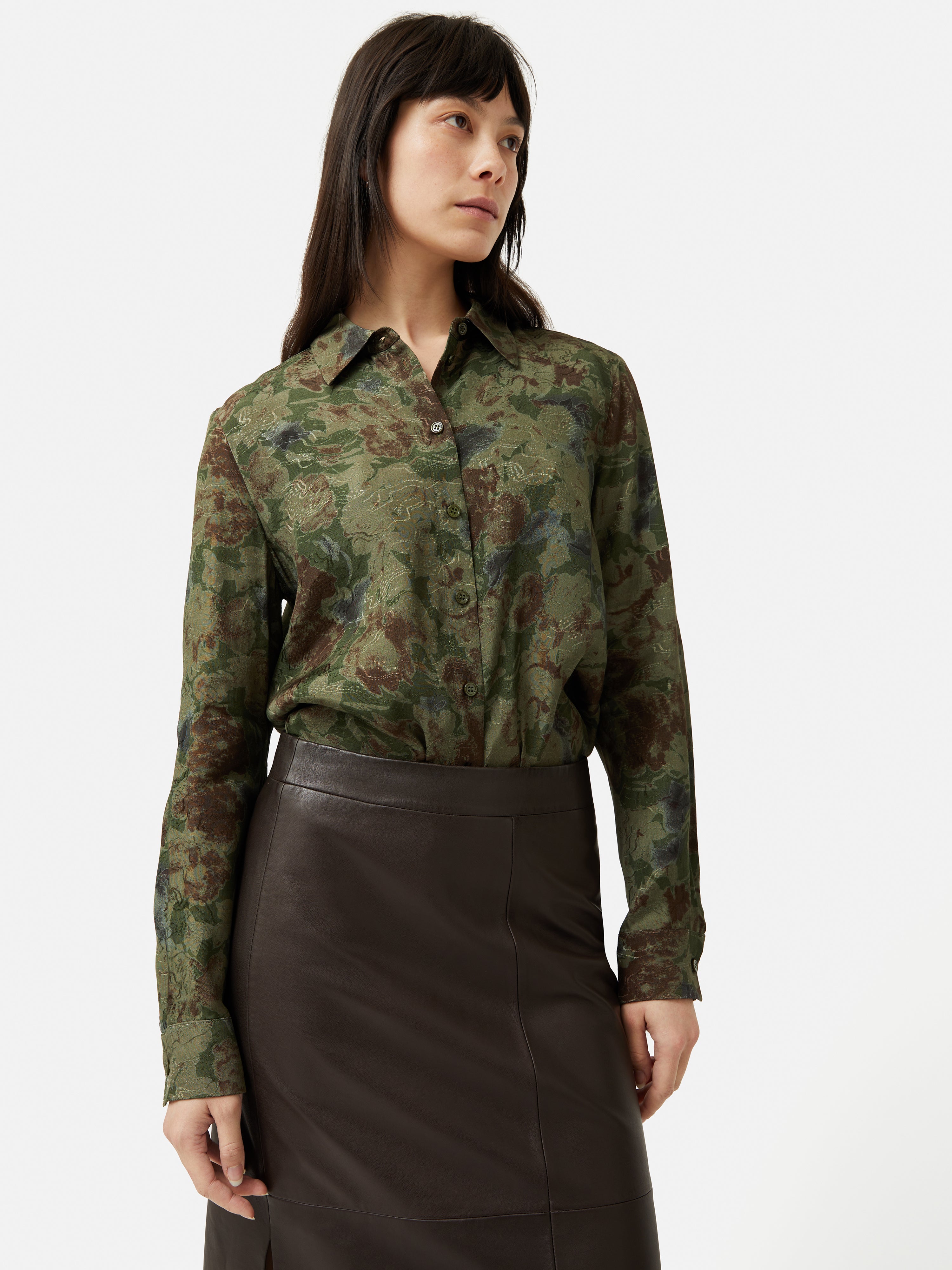 Elegant Green Shadow Floral Jacquard Shirt for Women | Vintage Inspired Blouse | Perfect for Office Wear, Date Night & Spring Outfits