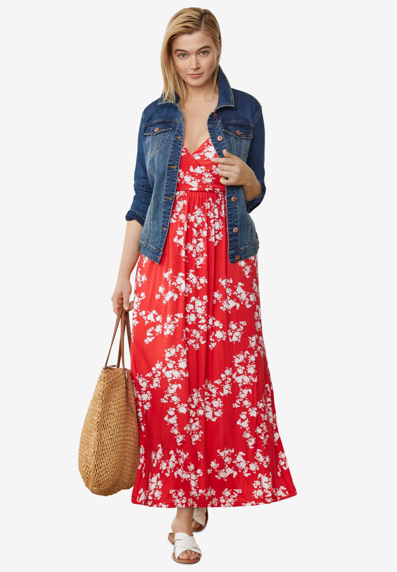 Ellos Women's Plus Size Knit Surplice Maxi Dress - Flattering Casual & Formal Long Dress for Curvy Women | Perfect for Beach Vacations, Date Nights & Summer Parties