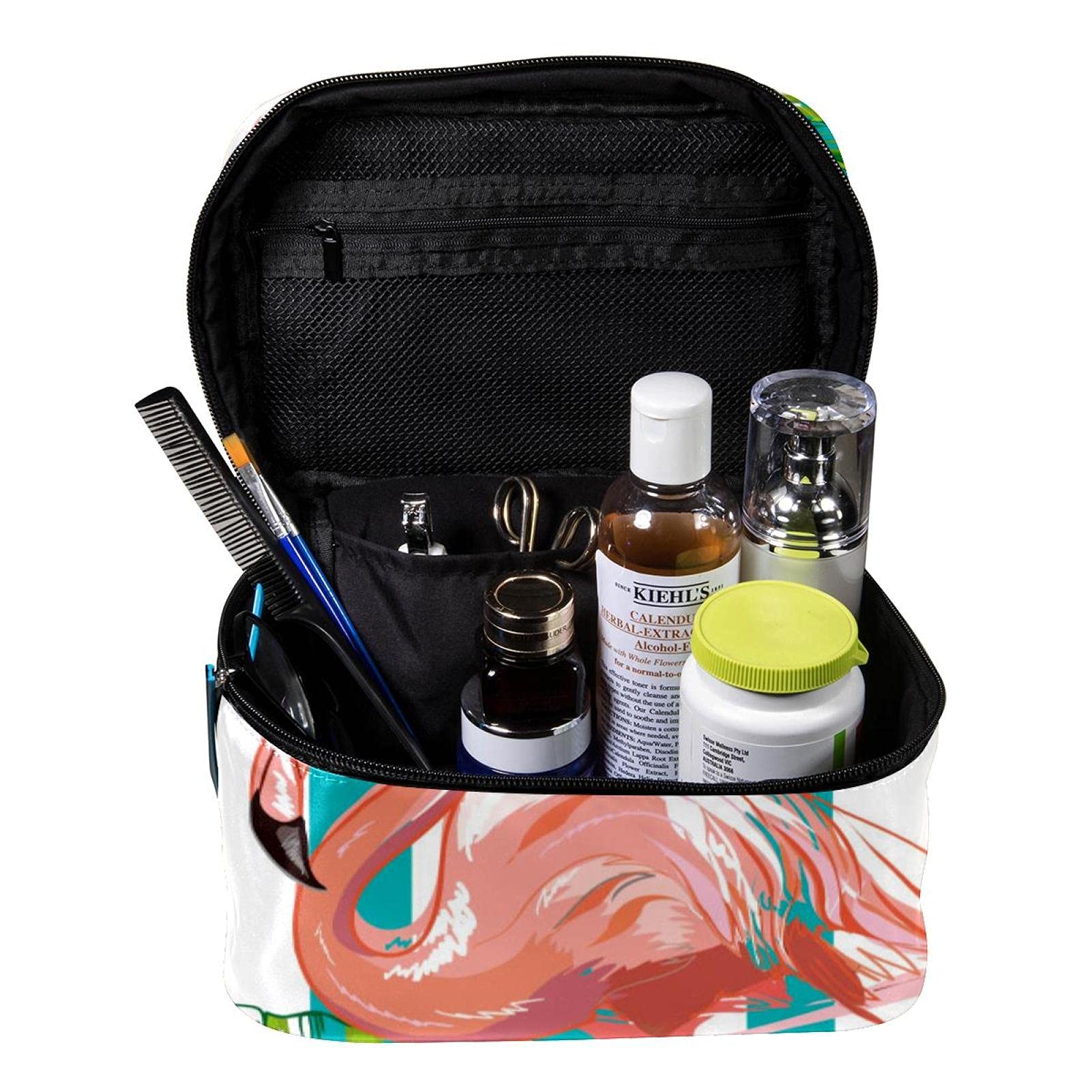 Flamingo Green Leaf & Stripes Large Travel Makeup Bag - Waterproof Cosmetic Organizer Case with Zipper for Women & Girls | Perfect for Vacation, Gym, Beach & Daily Essentials Storage