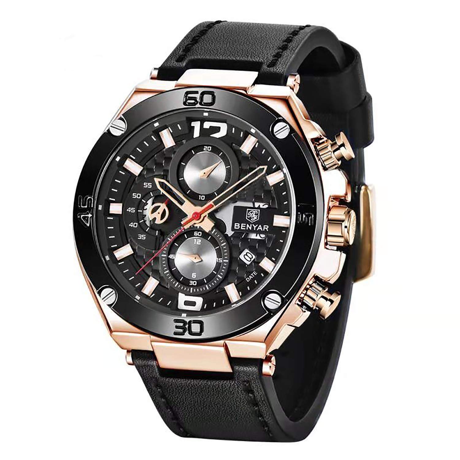 BENYAR Men's Chronograph Date Waterproof Sports Watch - Leather Strap Business Wristwatch for Office, Casual & Outdoor Activities