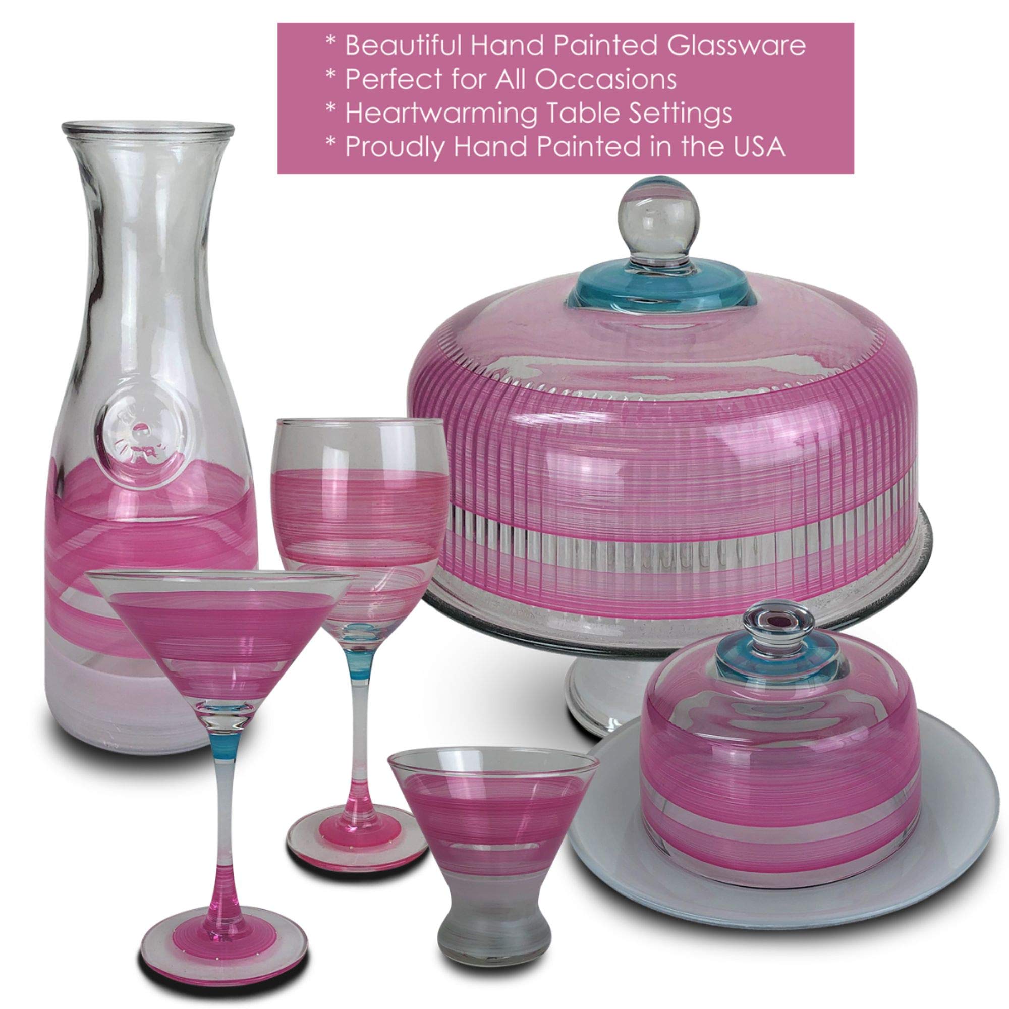 Vintage Pink Striped Hand-Painted Martini Glasses Set of 2 - 7.5 oz Cocktail Cups for Home Bar, Dinner Parties & Retro-Themed Events