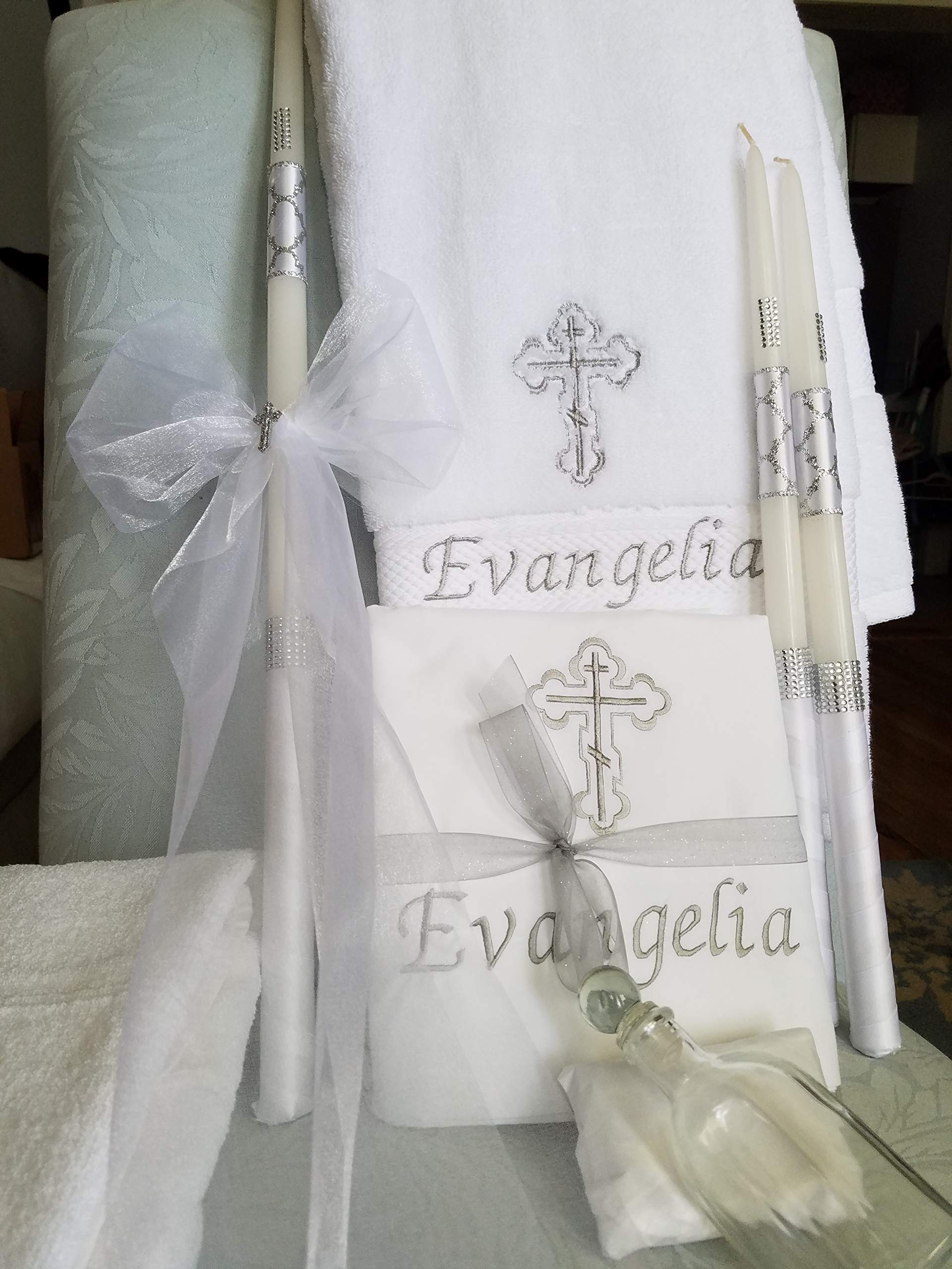 Greek Orthodox Baptism Complete Set - Personalized Embroidered Baptism Towel, Candles, Oil Sheet & Soap Bottle | Christening Gift for Babies & Religious Ceremonies