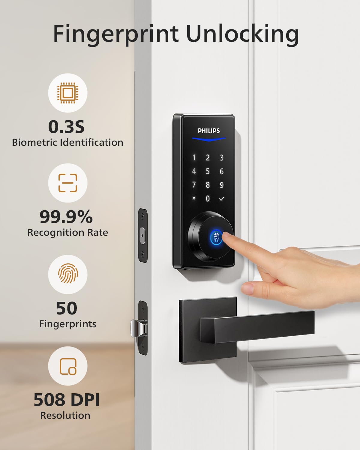 Philips Smart Fingerprint Door Lock Set - Keyless Entry with 2 Lever Handles, Auto Locking, Touchscreen Keypad & Backup Key - Secure Electronic Front Door Lock for Homes & Apartments - Perfect for Modern Smart Home Security & Convenient Keyless Access