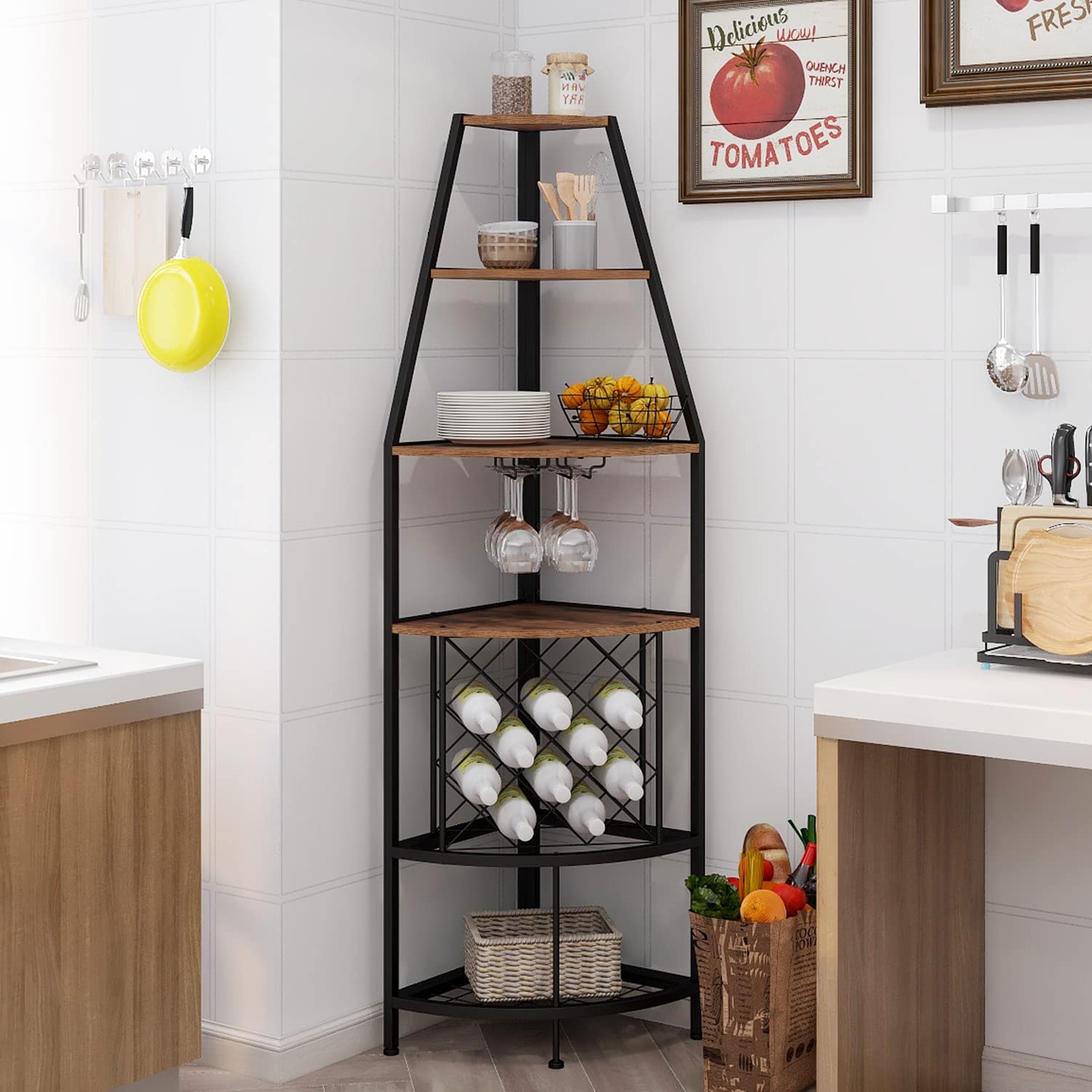 5-Tier Corner Wine Rack with LED Lights - Floor Standing Wine Storage with Glass Holder for 12 Bottles - Rustic Brown Home Bar Furniture for Kitchen, Living Room & Dining Room - Perfect for Wine Enthusiasts & Entertaining Guests