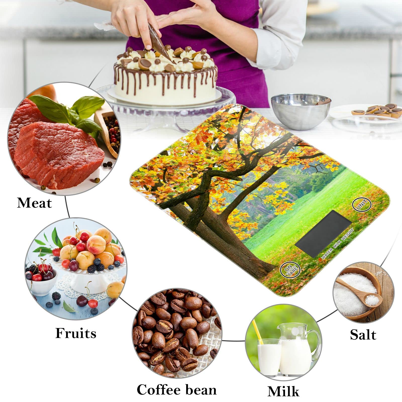 Waterproof Digital Kitchen Scale - Precise Ounces & Grams Measurement for Baking, Cooking & Food Prep | Autumn Forest Design | Ideal for Home Kitchens & Professional Bakers