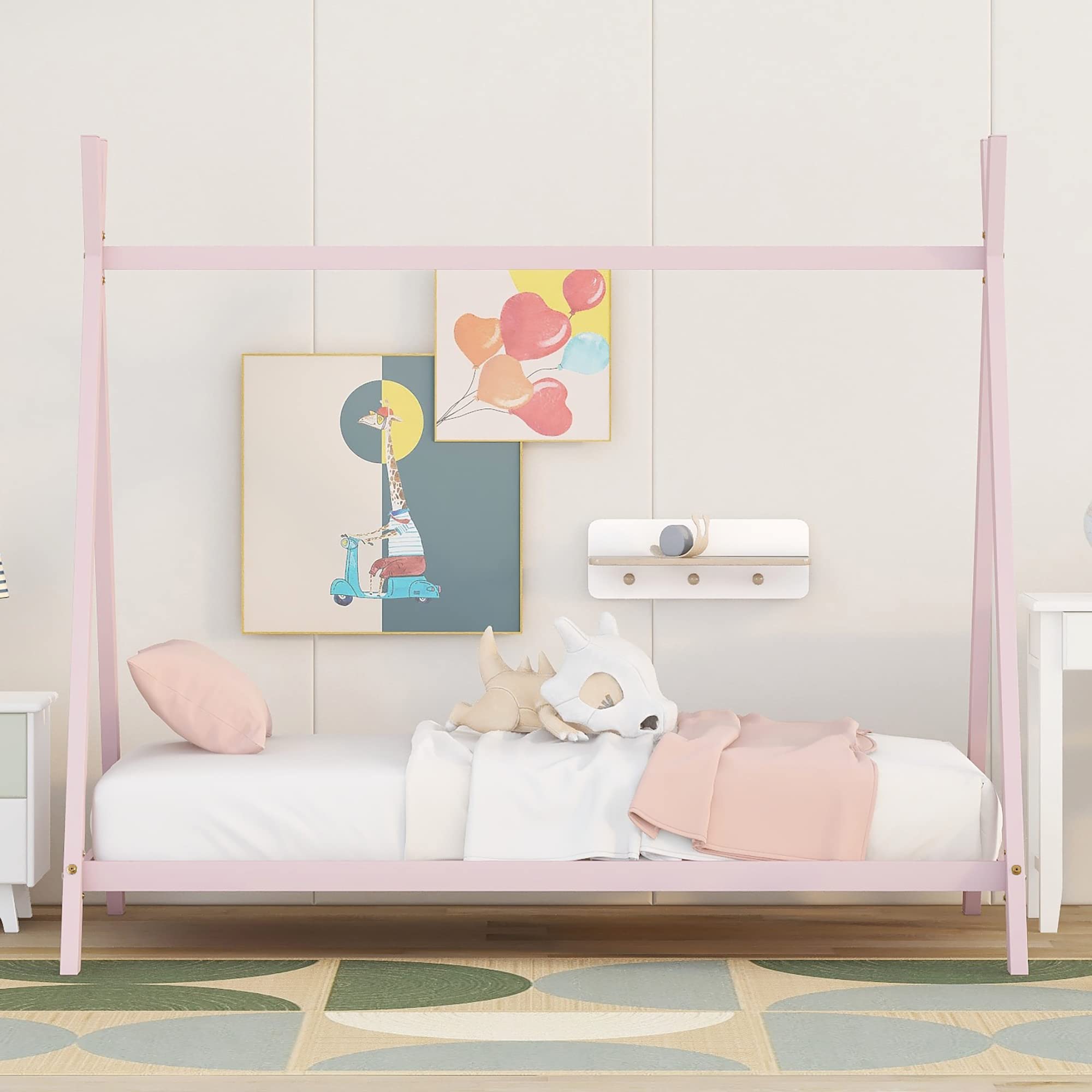 Montessori Twin Size Metal House Bed for Kids - Pink Floor Play Tent Bed Frame with Slats for Girls & Boys | Perfect for Bedroom, Playroom & Montessori Learning Spaces