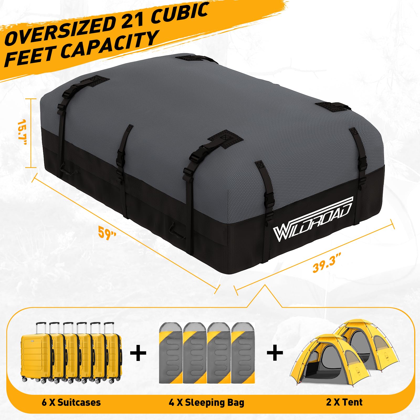 WILDROAD 21 Cubic Feet Waterproof Rooftop Cargo Carrier Bag - 600D Ultra Anti-Tear Fabric, Soft-Shell Roof Storage with Anti-Slip Mat & 6 Door Hooks - Fits All Cars with/Without Roof Racks - Perfect for Road Trips, Camping & Outdoor Adventures