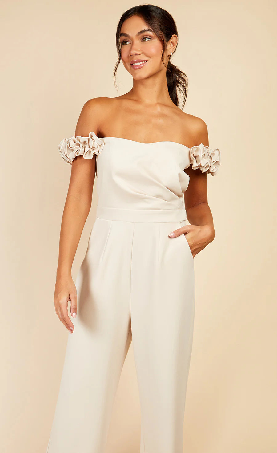 Linda Rosette Bardot Jumpsuit for Women - Elegant Cream One Piece Romper with V-Neck & Floral Lace Trim | Perfect for Summer Weddings, Beach Vacations & Date Nights