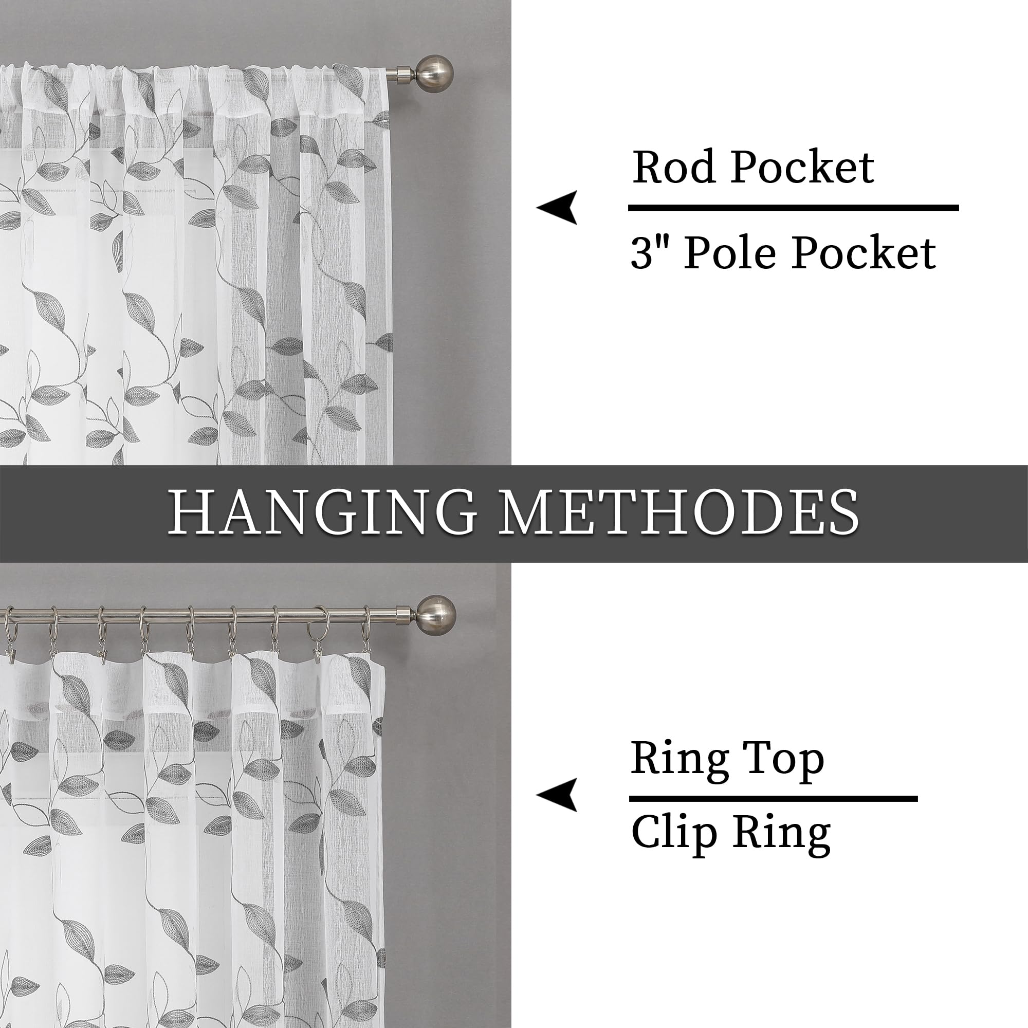 Grey Leaf Sheer Tier Curtains - Embroidered Voile Kitchen & Bathroom Window Panels with Rod Pocket, 30 x 24 Inches, Set of 2 - Perfect for Home, Cafe, and Office Decor