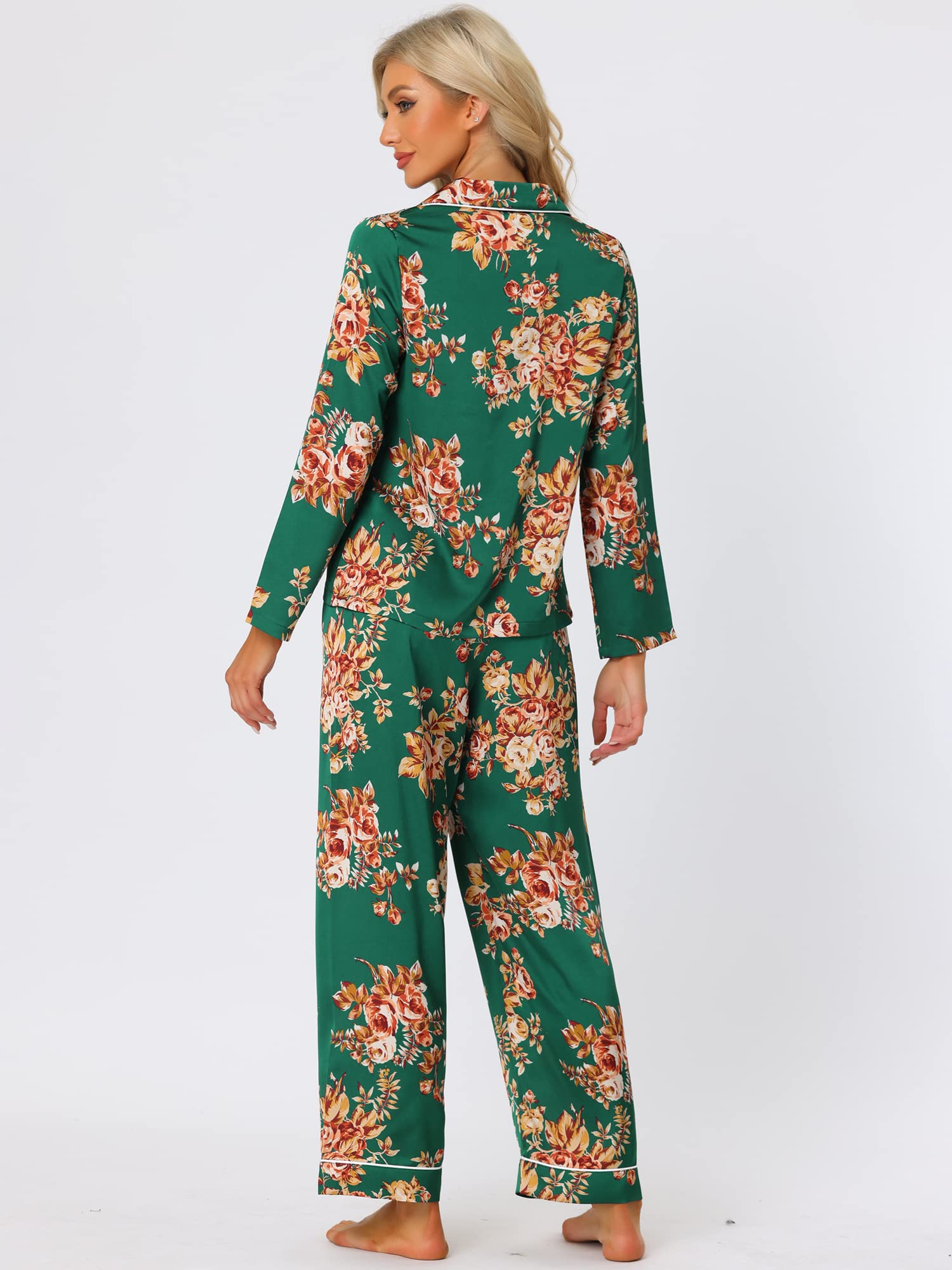 Cheibear Women's Satin Pajama Set - Long Sleeve Button Down Top & Pants Floral Sleepwear - Comfortable Lounge Wear for Nighttime Relaxation & Home Lounging