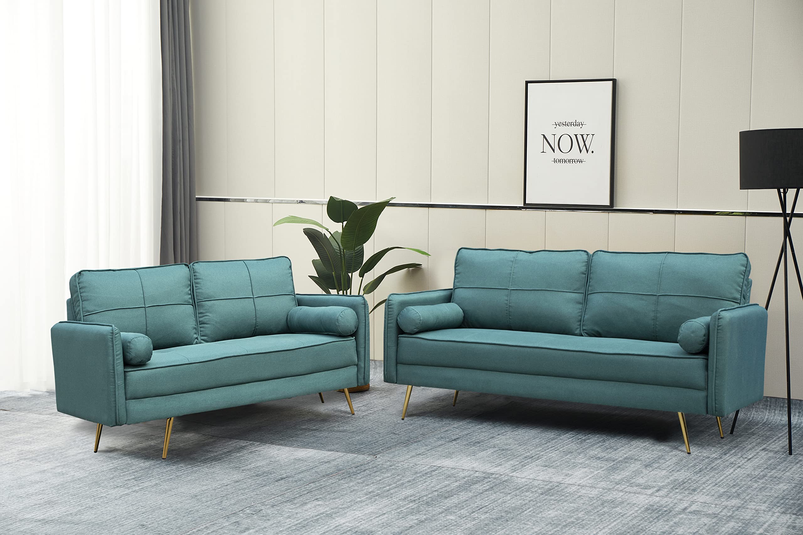 Luxury Modern Velvet Sofa Tufted Couch with Bolsters & Metal Legs - Green Upholstered Loveseat for Living Room, Bedroom, Apartment | Cozy Seating for Relaxing, Entertaining & Small Space Decor