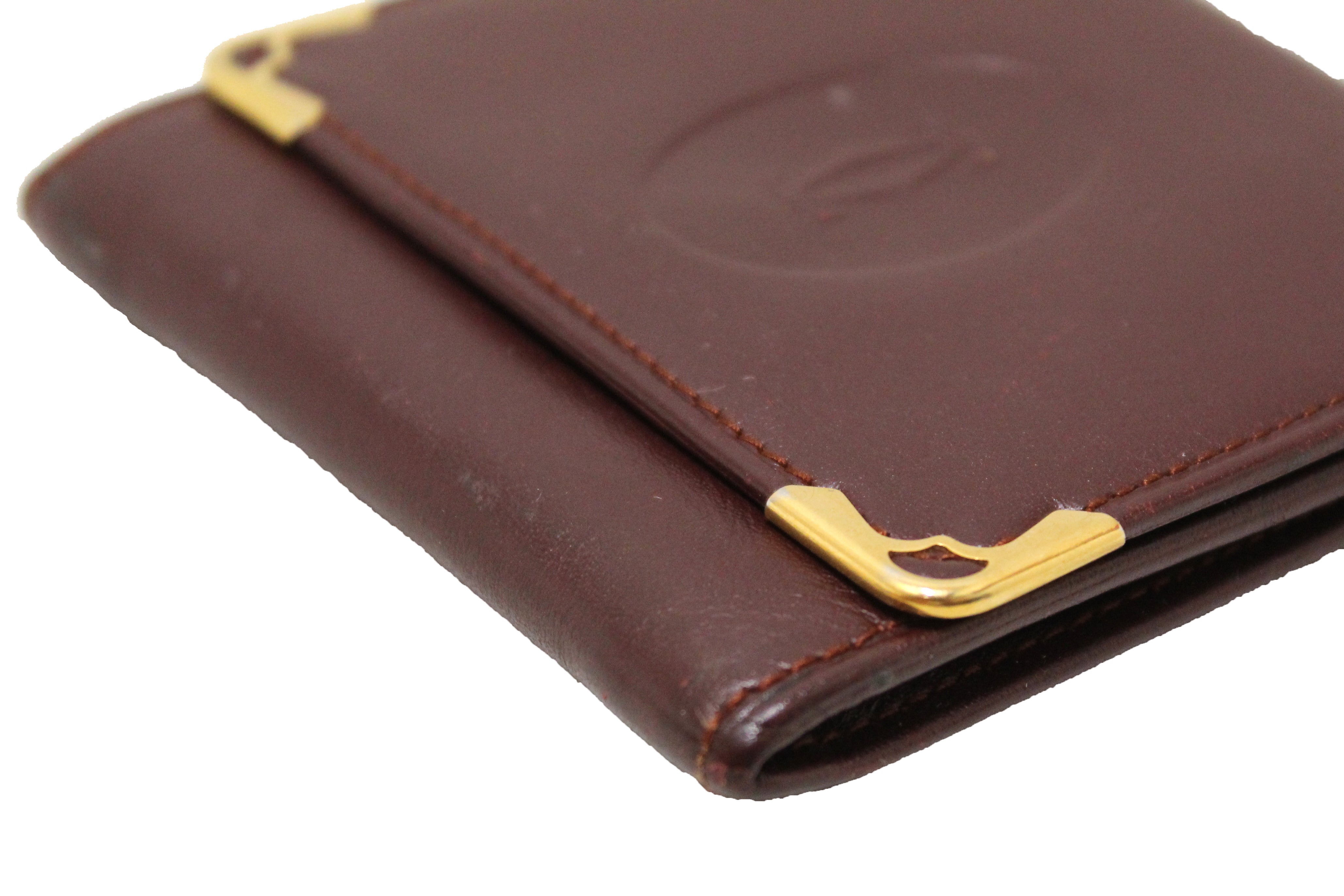 Authentic Cartier Burgundy Calfskin Leather Coin Pouch Wallet - Luxury Small Leather Purse for Women & Men - Perfect for Coins, Jewelry, Cash & Travel Essentials