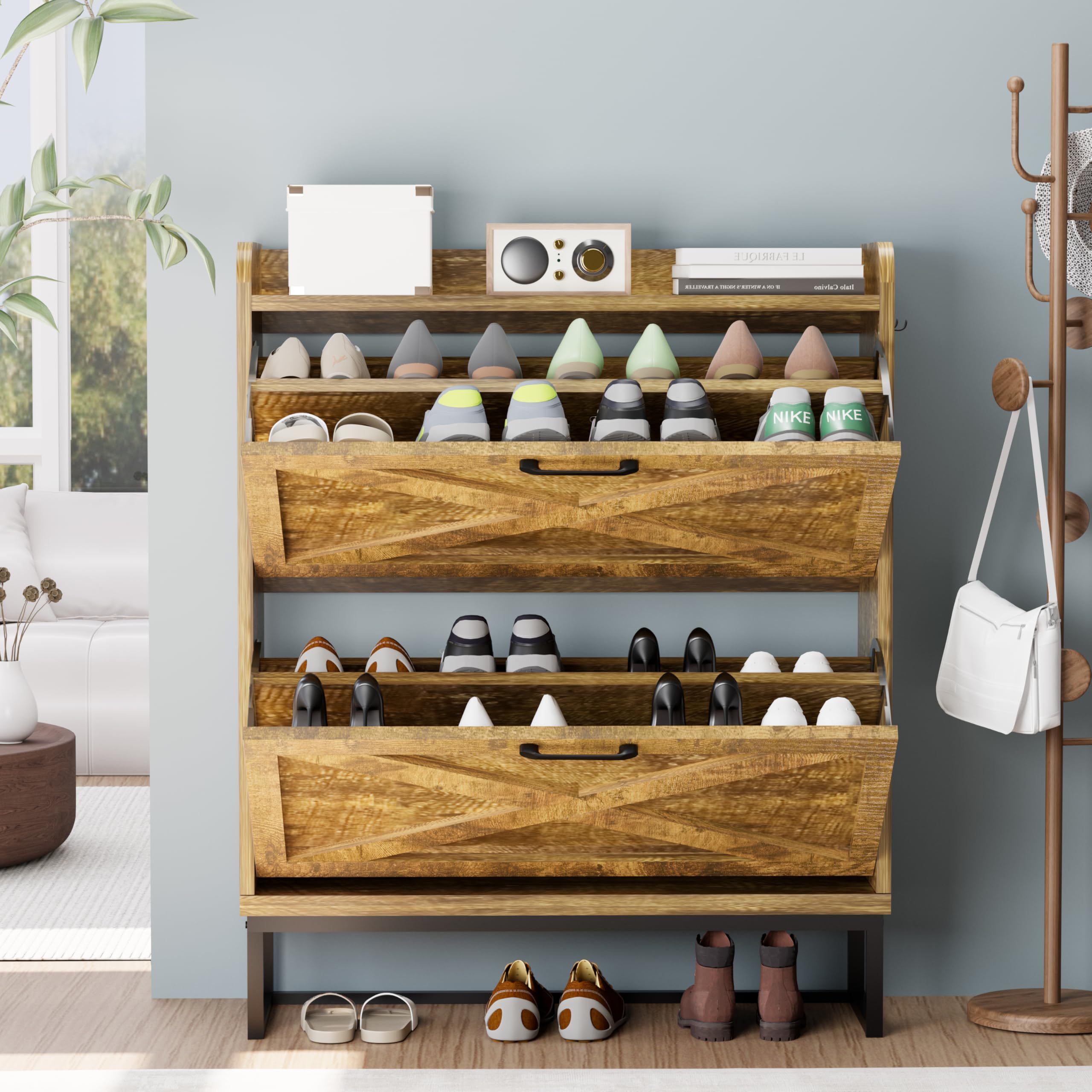 Slim Shoe Cabinet for Entryway - 2 Flip Drawers Shoe Organizer with Hidden Storage & Metal Legs, Farmhouse Free Standing Shoe Rack Cabinet in Rustic Brown - Perfect for Small Spaces, Apartments and Home Organization