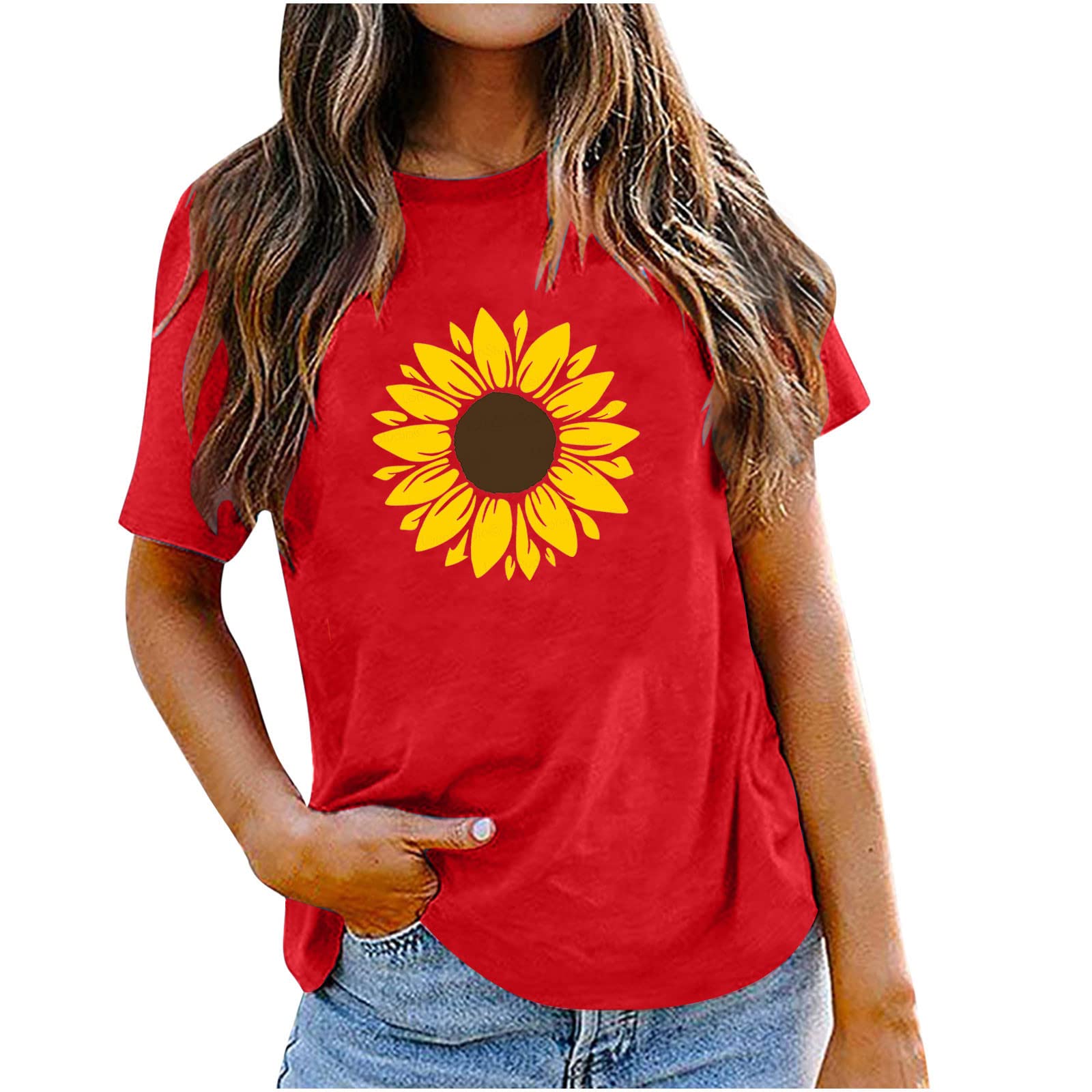 Stylish Sunflower Printed Women's Summer Tops - Loose Fit Short Sleeve O-Neck Tunic Blouse for Casual Wear, Beach Outings & Vacation Outfits