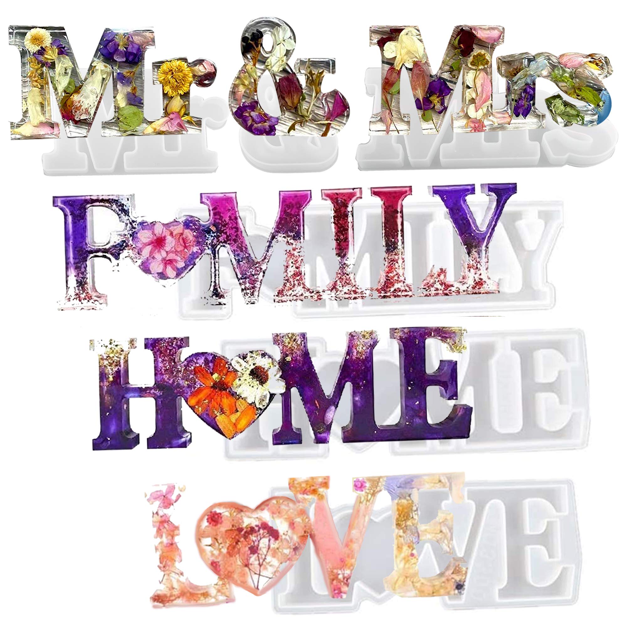 4 Pcs Alphabet Resin Molds - Mr & Mrs Love Home Sign Silicone Molds for DIY Epoxy Resin Casting, Wedding Anniversary Gifts, Wall & Table Decor - Perfect for Home Decor, Craft Projects & Personalized Gifts
