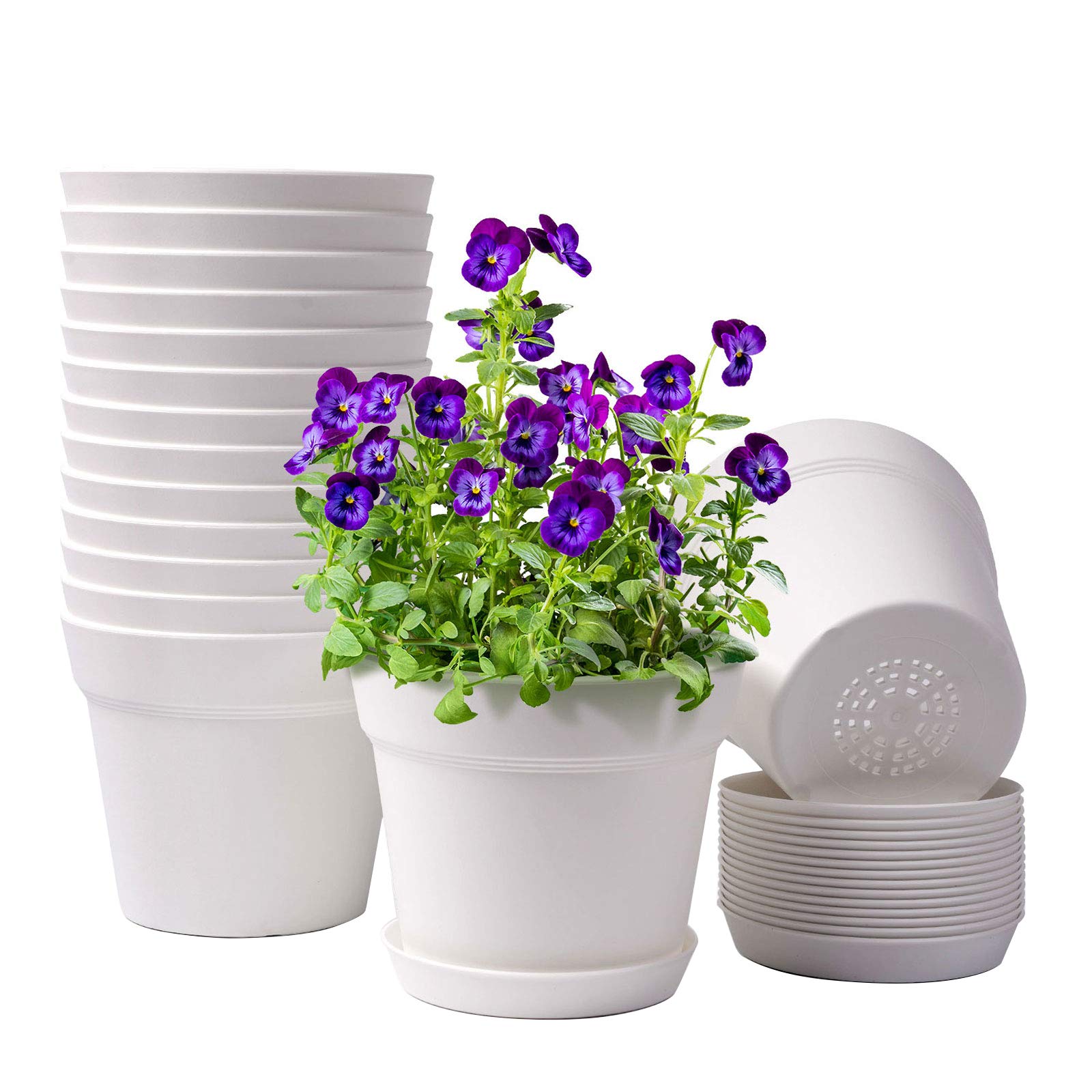 15 Pack 6 Inch White Plastic Plant Pots with Drainage Holes & Trays - Homenote Flower Planters for Indoor Outdoor Garden, Succulents, Herbs - Perfect for Home Decor, Office Desk, Balcony Gardening