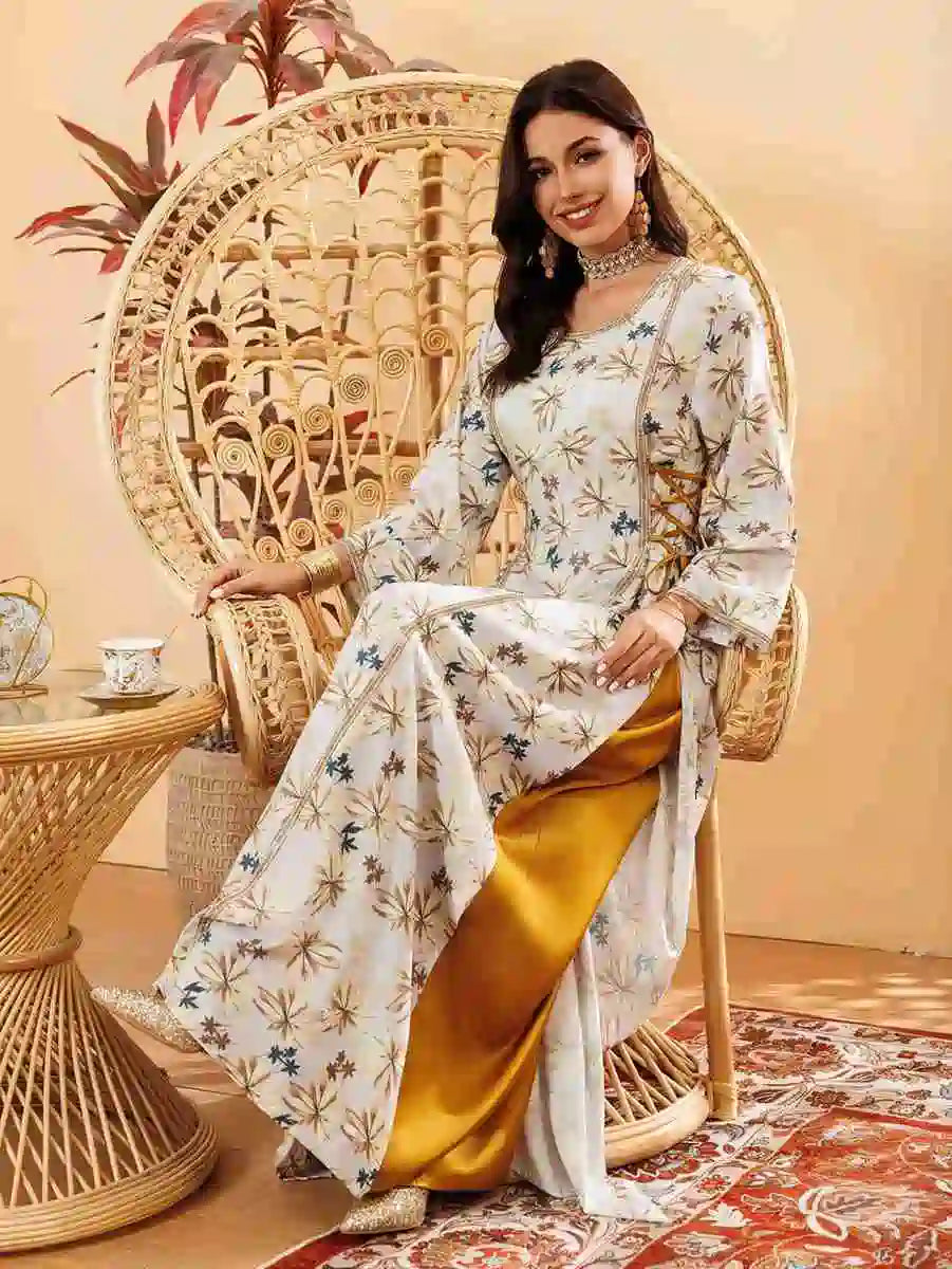 Floral Printed Eid Caftan Dress for Women - Elegant Long Kaftan with V-Neck & Flowy Sleeves #25441 | Perfect for Eid Celebrations, Summer Parties & Beach Cover-Ups