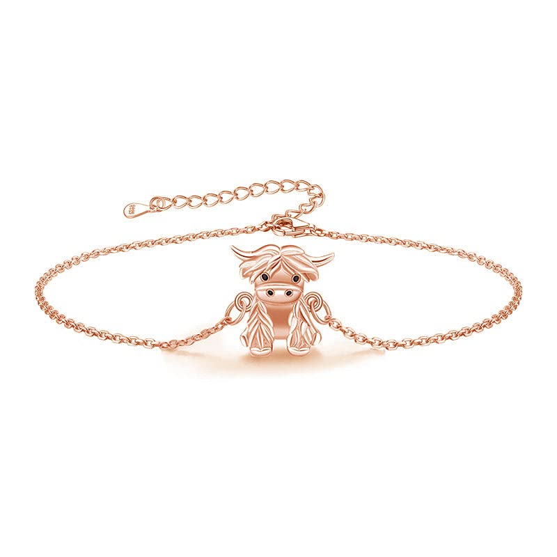 Highland Cow Anklet - 925 Sterling Silver Charm Ankle Bracelet with 9+2 Inch Adjustable Chain - Perfect Jewelry Gift for Women & Girls (Silver/Gold/Rose Gold) - Boho Style Accessories for Summer, Beach & Festival Outfits
