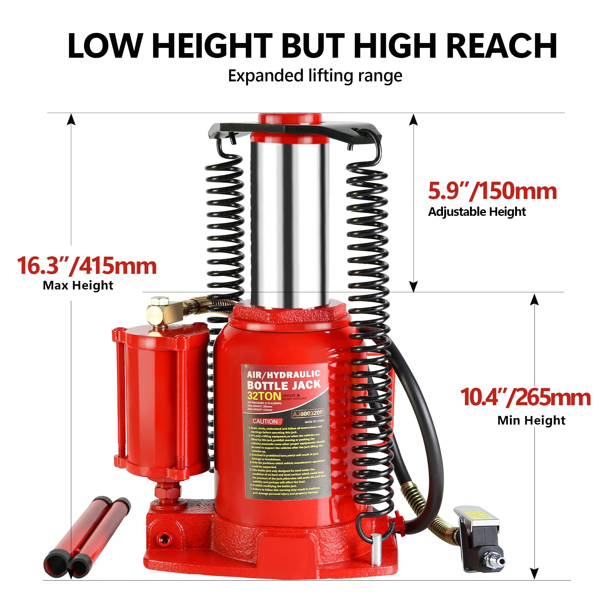 32-Ton Hydraulic Bottle Jack - Air Operated & Manual Lift, Low Profile Portable Car Jack with Handle (Red) - Ideal for Auto Repair, RV, Truck & Heavy Equipment Maintenance