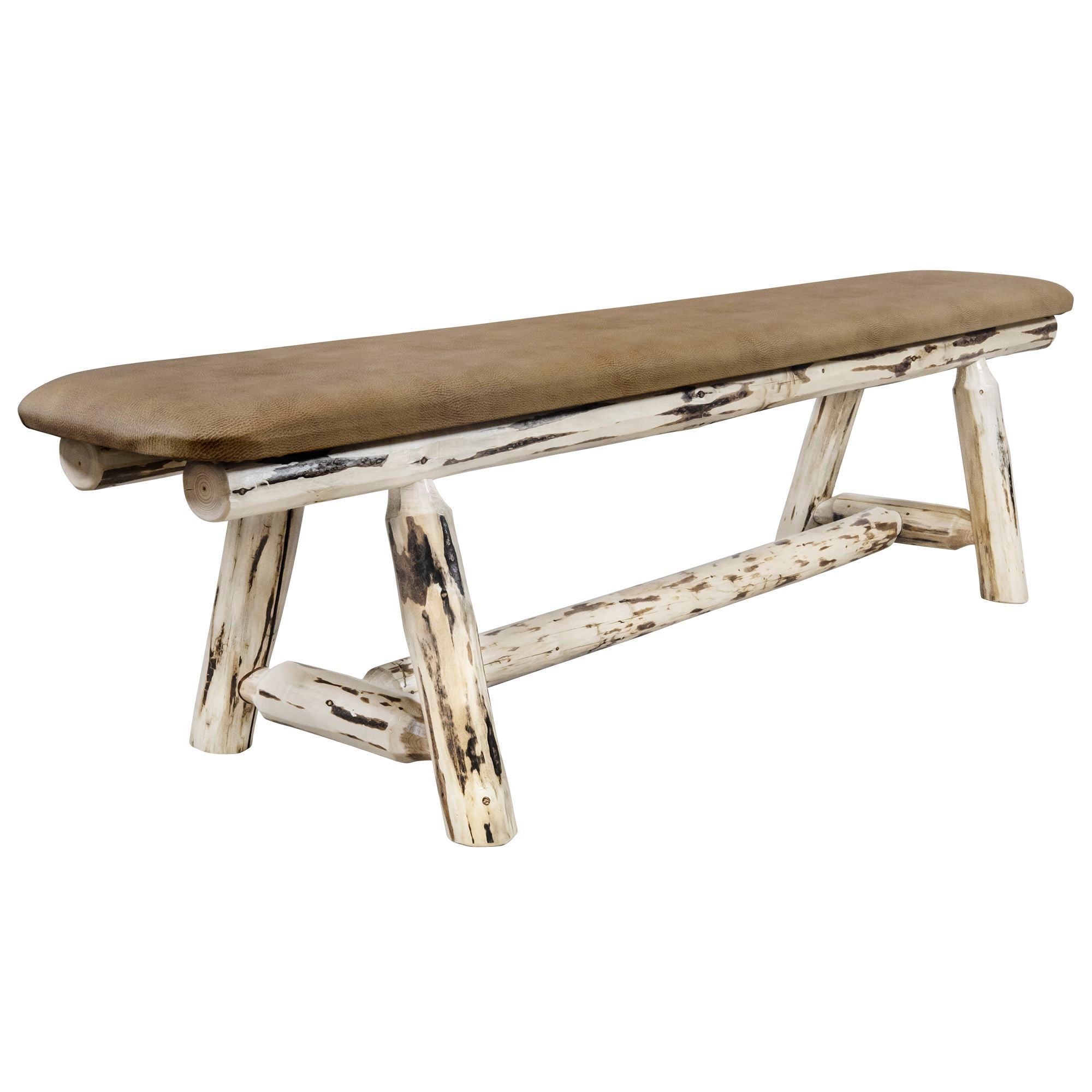 Montana 6 Foot Plank Style Bench with Buckskin Upholstery - Rustic Wooden Entryway Bench for Living Room, Bedroom, or Outdoor Patio Seating