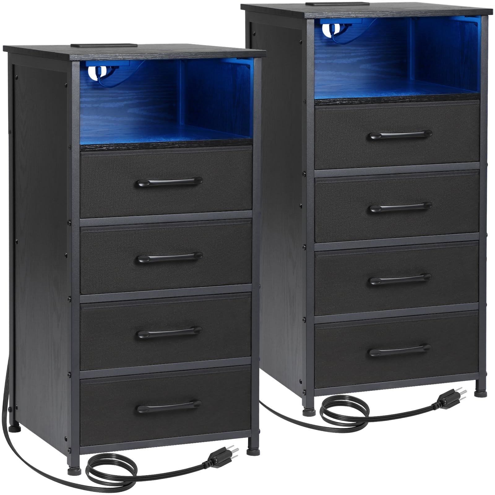 Modern Night Stand Set of 2 with USB Charging Station & LED Lights - Tall Bedside Tables with 4 Drawers & Storage Bins - Black Bedroom Dresser with Outlets (HNS034BK) - Perfect for Small Spaces, Guest Rooms & Apartment Bedrooms