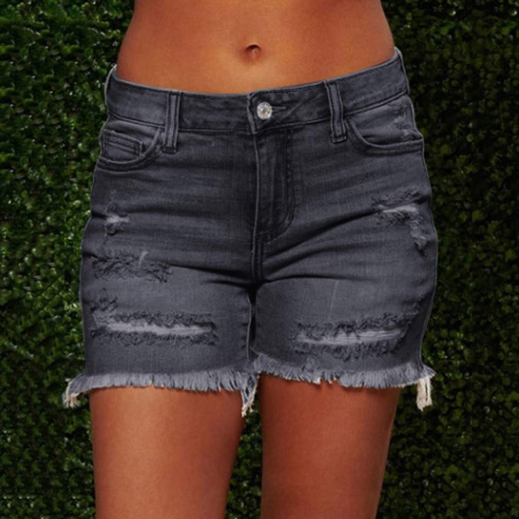 hlysgo Women's Mid Rise Ripped Denim Shorts - Stretchy Frayed Raw Hem Casual Jean Shorts for Summer 2024 | Perfect for Beach, Vacation & Everyday Wear