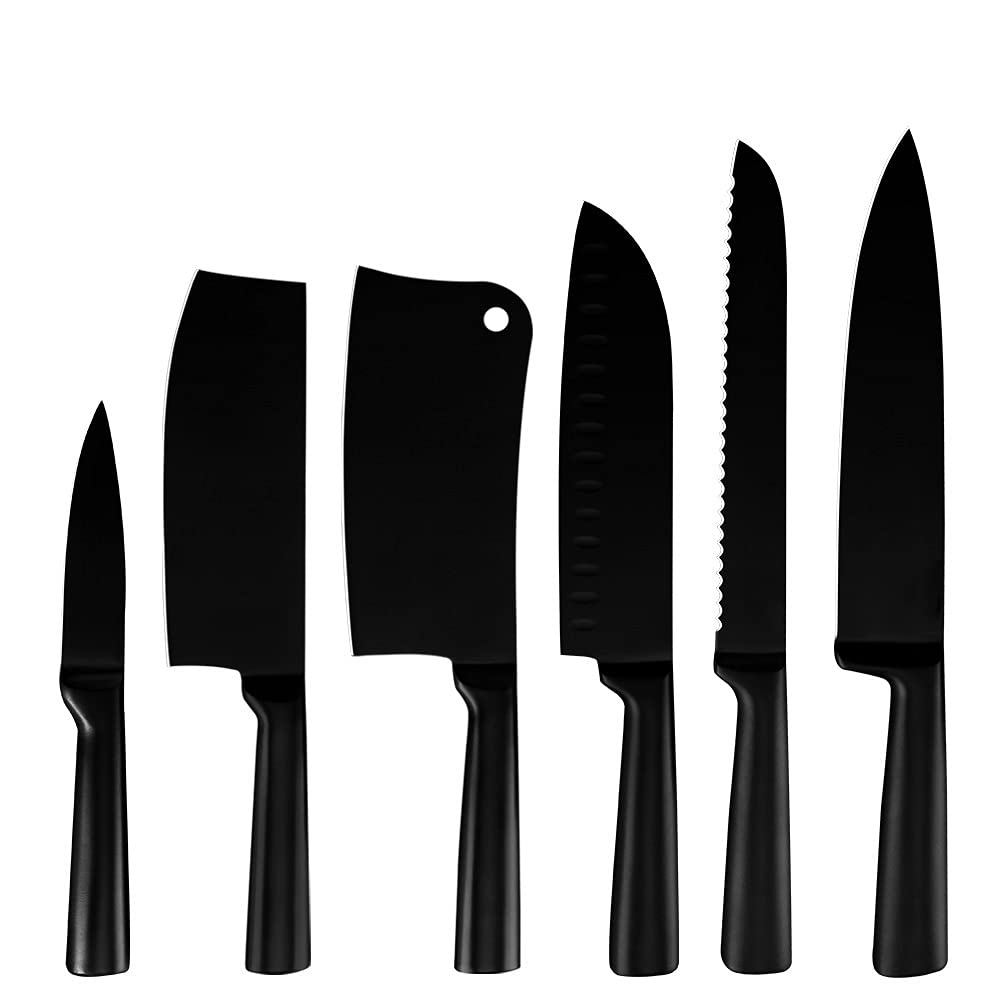 Premium 6-Piece Stainless Steel Kitchen Knife Set - Chef, Santoku, Bread, Utility & Paring Knives with Non-Stick Black Blades for Professional Cooking & Home Use | Perfect for Slicing, Chopping & Food Prep | BY ZZYY