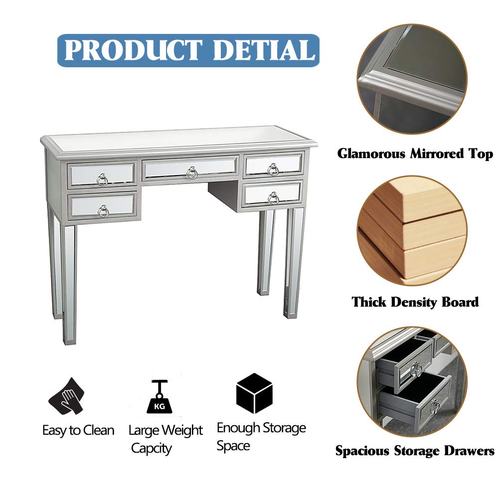 Silver Mirrored Console Table with 5 Drawers - Modern Makeup Vanity Desk & Writing Table for Bedroom, Living Room, Home Office | Perfect for Dressing, Studying, and Media Storage