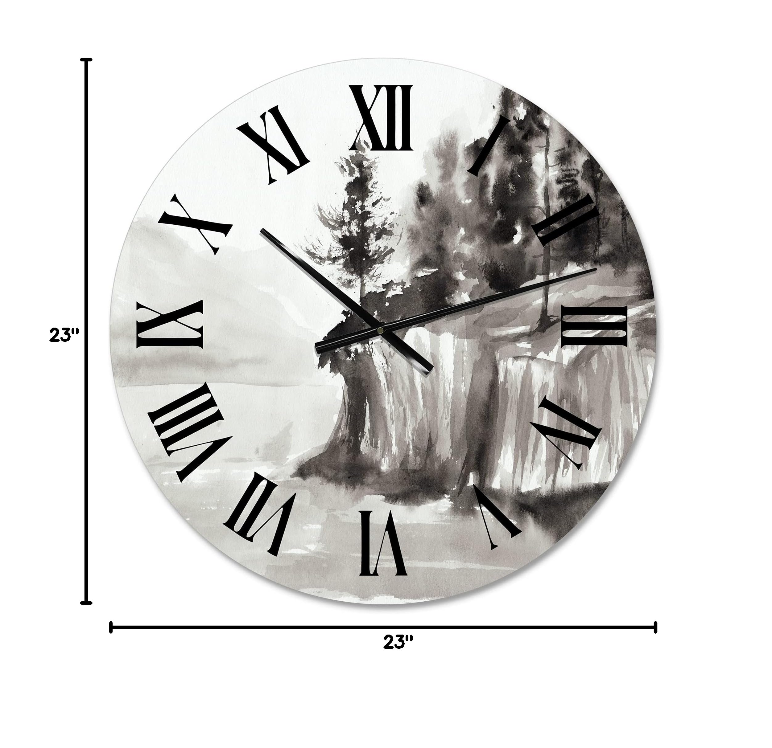 DesignQ Nautical Coastal Wall Clock - Monochrome Cliffs by The Lake - Large Landscape Nature Wall Clock for Home Office Decor - Perfect for Living Room, Bedroom & Coastal Themed Spaces