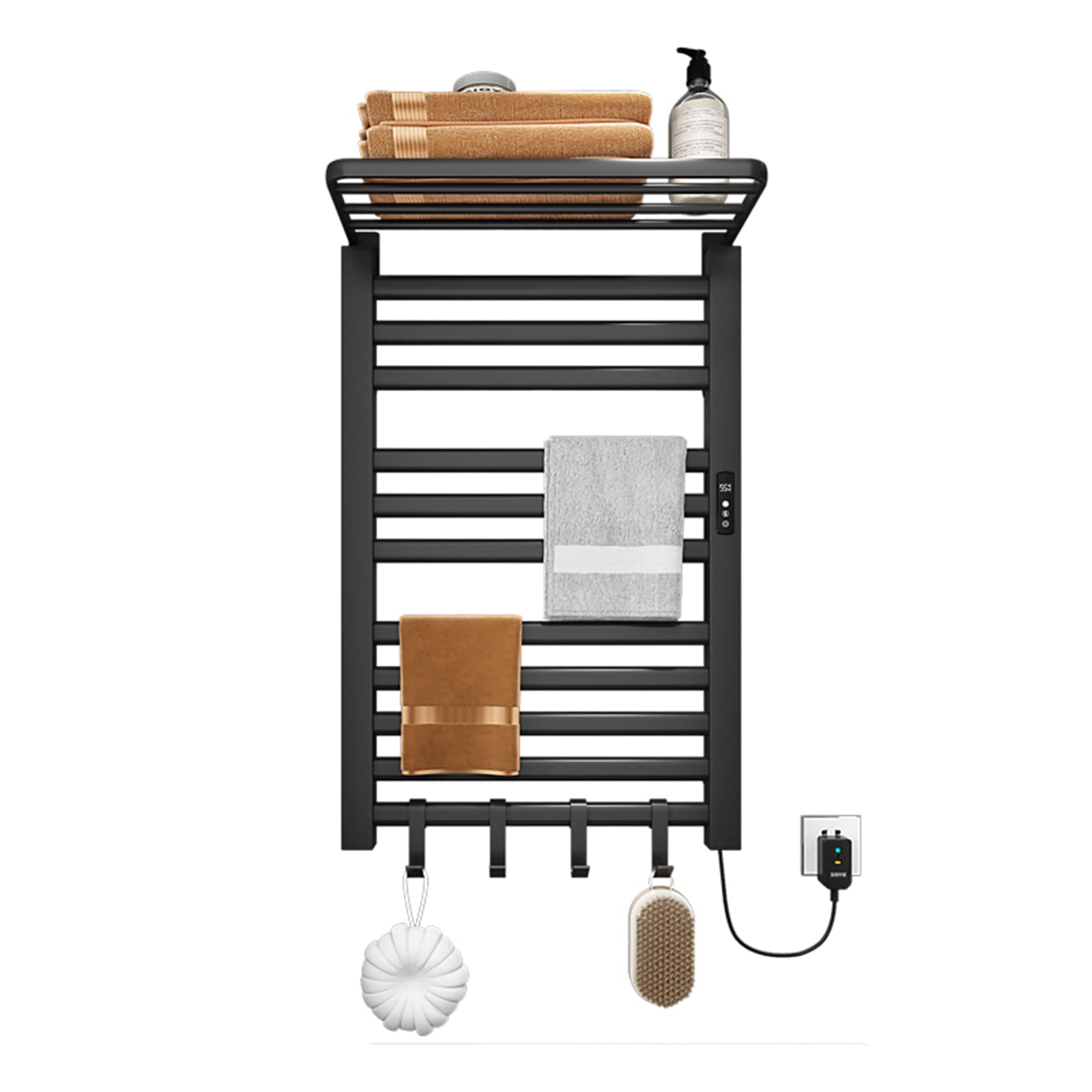 220W Electric Heated Towel Warmer - Wall Mounted Bathroom Towel Heater Rack with Timer & Hook, Aluminum Alloy Storage Shelf (White/Black) - Perfect for Spa, Luxury Hotels & Modern Home Bathrooms