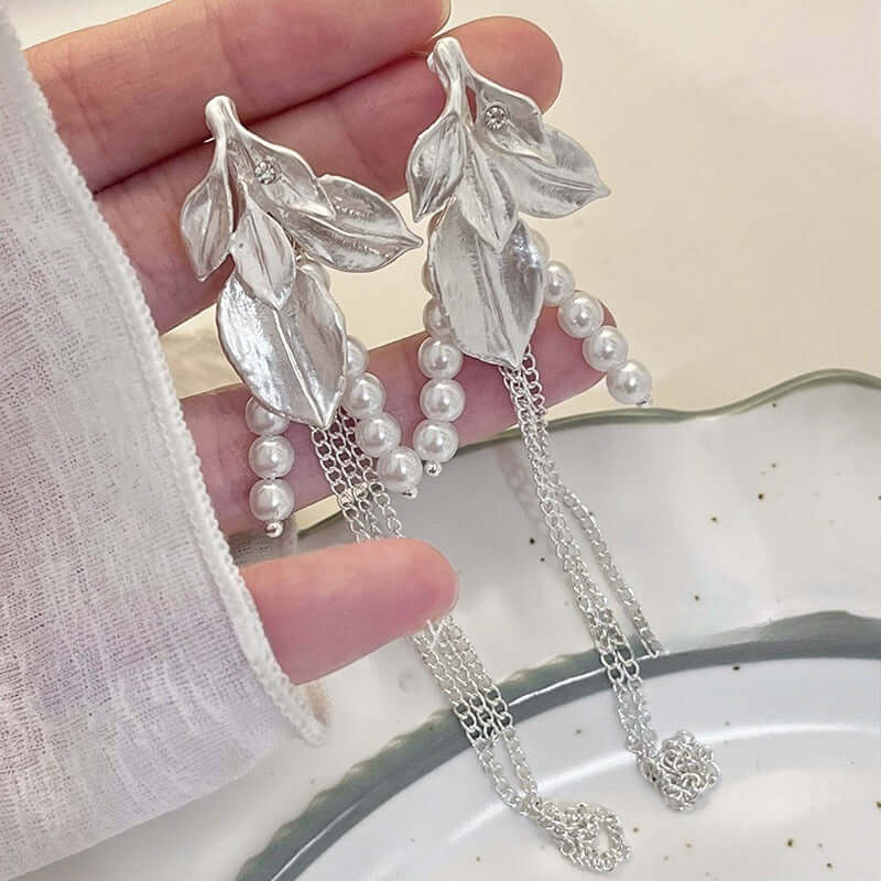 Ivory Pearl Leaf Link Chain Drop Earrings for Women | EH338 | Elegant Dangle Earrings for Wedding, Party & Evening Wear