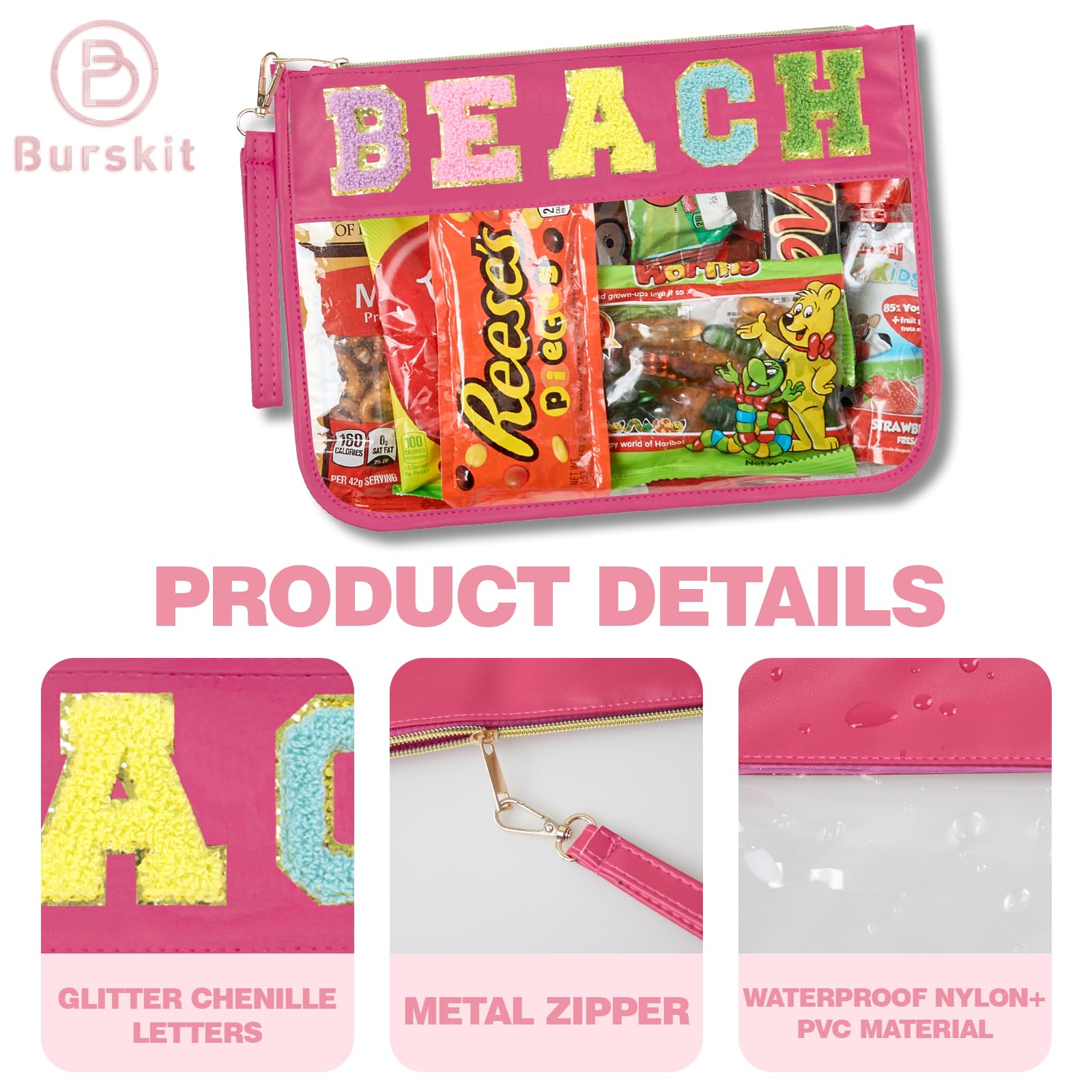 Stylish Nylon Waterproof Beach Bag & Cosmetic Organizer Set for Women - Chenille Letter Clear Zipper Pouch, Preppy Patch Makeup Travel Bag | Perfect for Pool, Vacation & Valentine's Day Gifts (MH-BEACH)