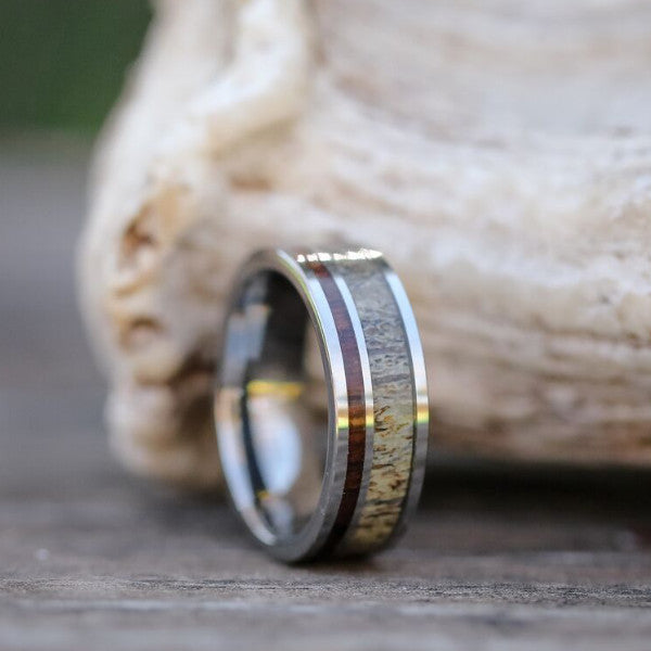 Handmade Koa Wood & Elk Antler Ring for Men - Natural Wooden Wedding Band, Unique Handcrafted Jewelry Gift for Him - Perfect for Outdoor Adventures, Camping & Nature Lovers