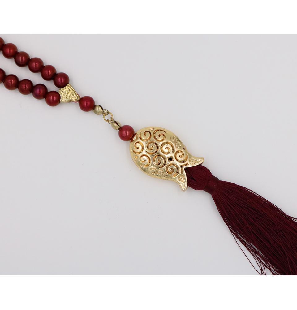 99-Count Acrylic Pearl Islamic Tesbih Prayer Beads with Tulip Tassel - Burgundy Color for Muslim Worship, Meditation & Stress Relief