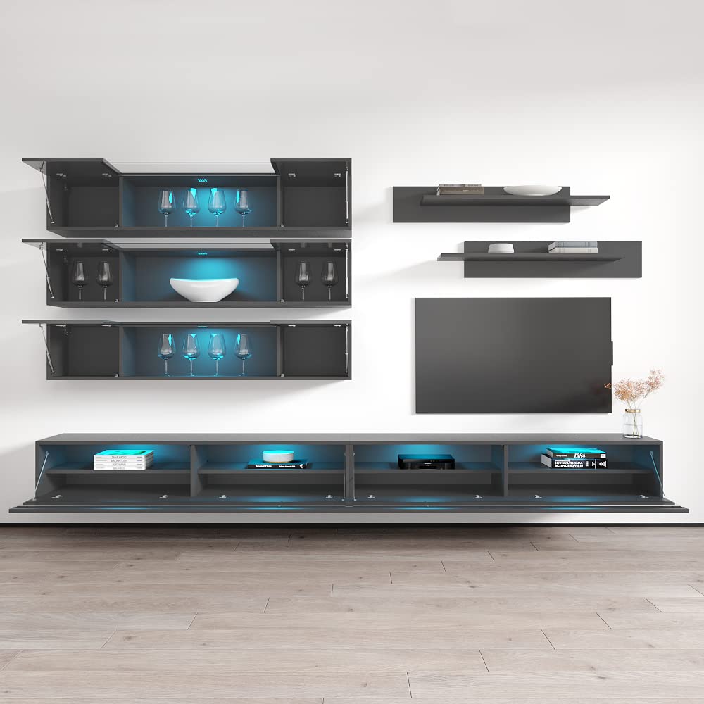 Modern Gray Wall-Mounted TV Stand with Storage Shelves & LED Lights - Floating Entertainment Center Console for Living Room & Bedroom - Perfect for Small Spaces, Home Theater Setup & Stylish Media Organization