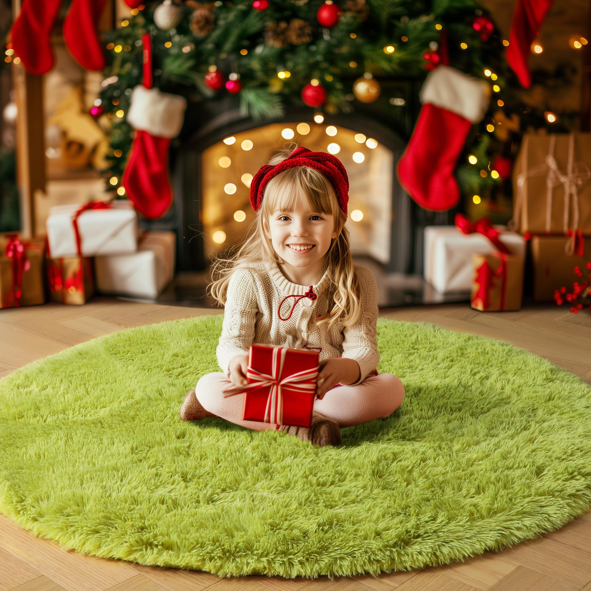 Fluffy Shag Circle Area Rug 4FT - Soft Grass Green Round Carpet for Bedroom, Nursery, Kids Room & Dorm Decor | Aesthetic Fuzzy Moss Floor Mat for Living Room, Classroom & Apartment | Cozy Boho Home Decor