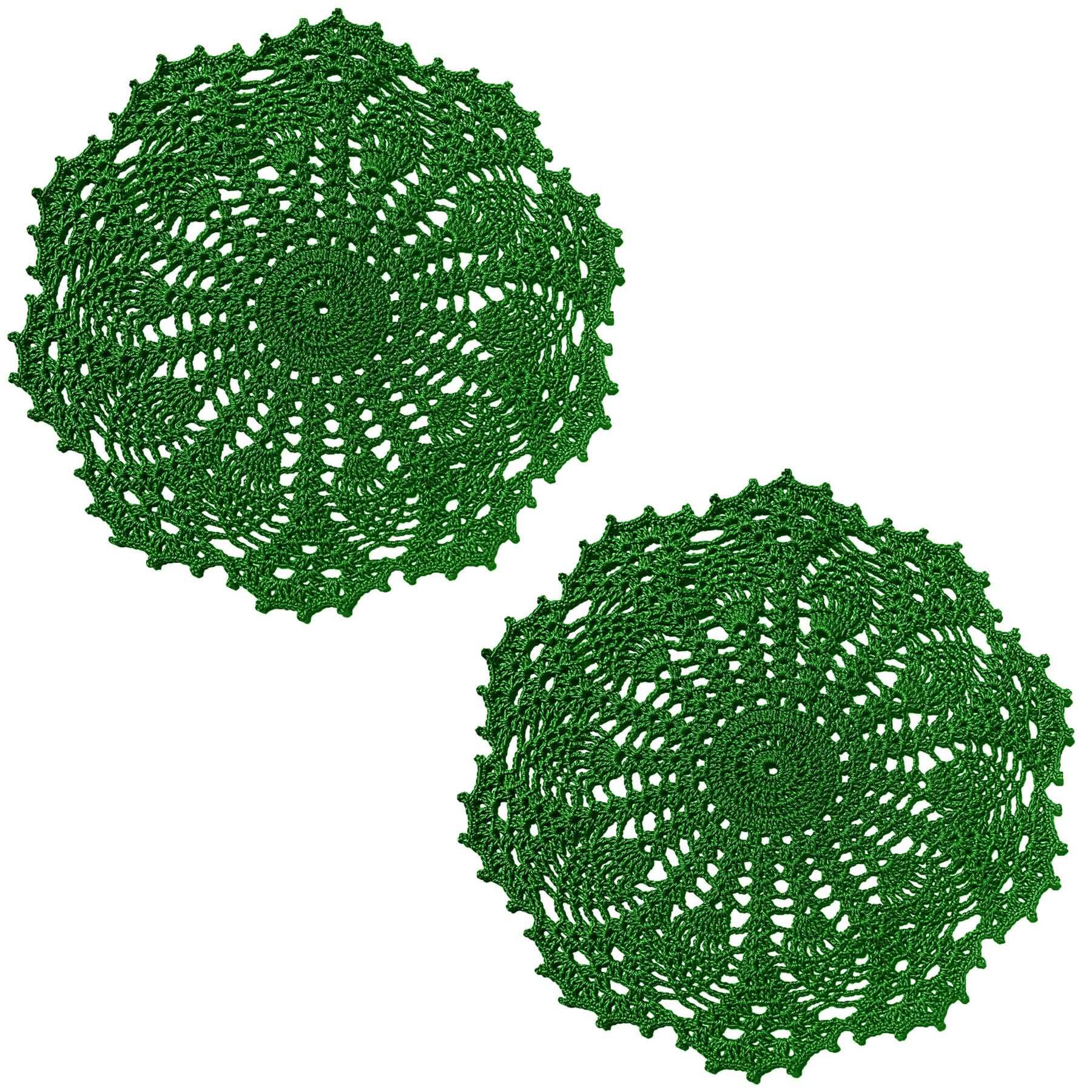 BIBITIME Handmade Crochet Lace Doilies - 11-12 Inch Round Rustic Table Coasters & Placemats (Pack of 2, Green) - Elegant Kitchen, Dining Room & Party Decor for Dressers, Tea Tables & Wedding Centerpieces