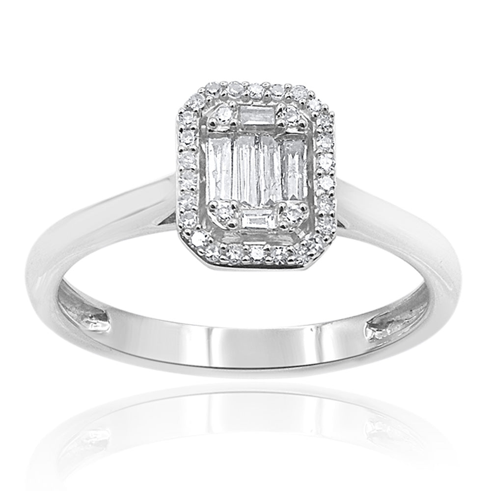 9ct White Gold Diamond Ring with 30 Brilliant & 6 Baguette Cut Diamonds - Elegant Wedding Band & Anniversary Gift for Her