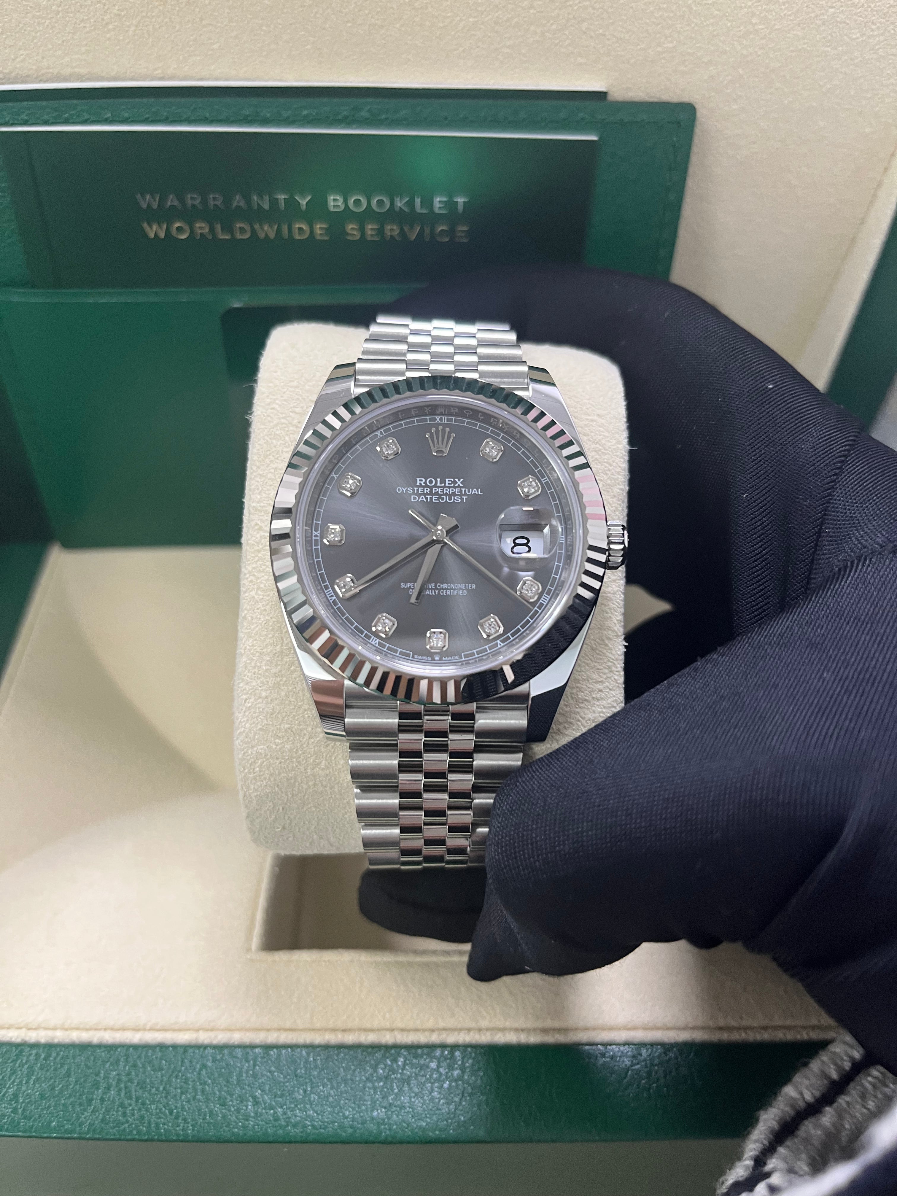 Rolex Datejust 41 18K White Gold & Steel Watch - Dark Rhodium Diamond Dial, Jubilee Bracelet (Ref #126334) | Luxury Men's Dress Watch for Business & Formal Occasions