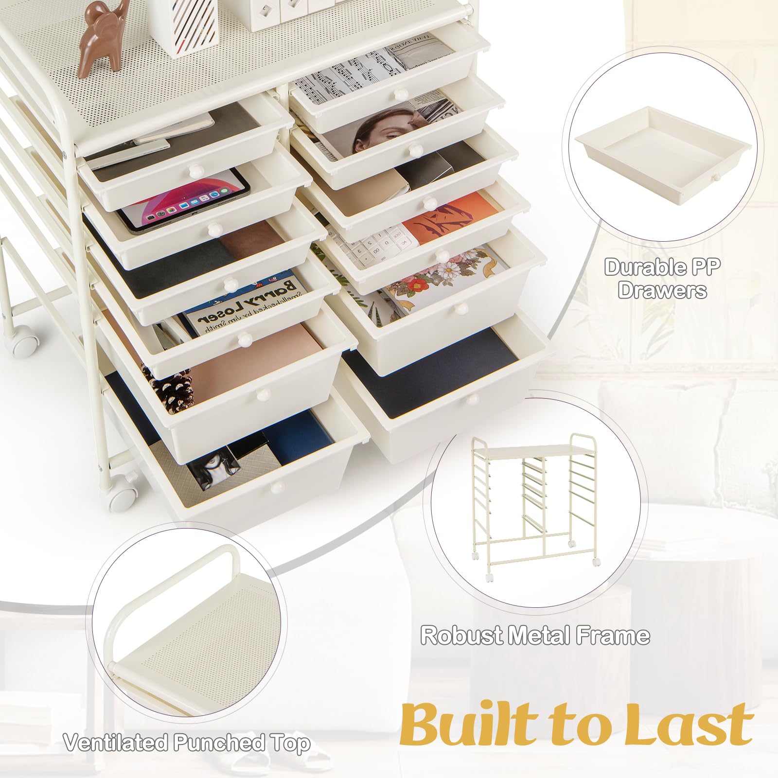 LDAILY 12-Drawer Rolling Storage Cart with Metal Frame - Large Capacity Craft Organizer on Wheels for Classroom, Office & Home Use - Smooth Gliding Drawers (White) - Perfect for Art Supplies, Stationery & Office Organization
