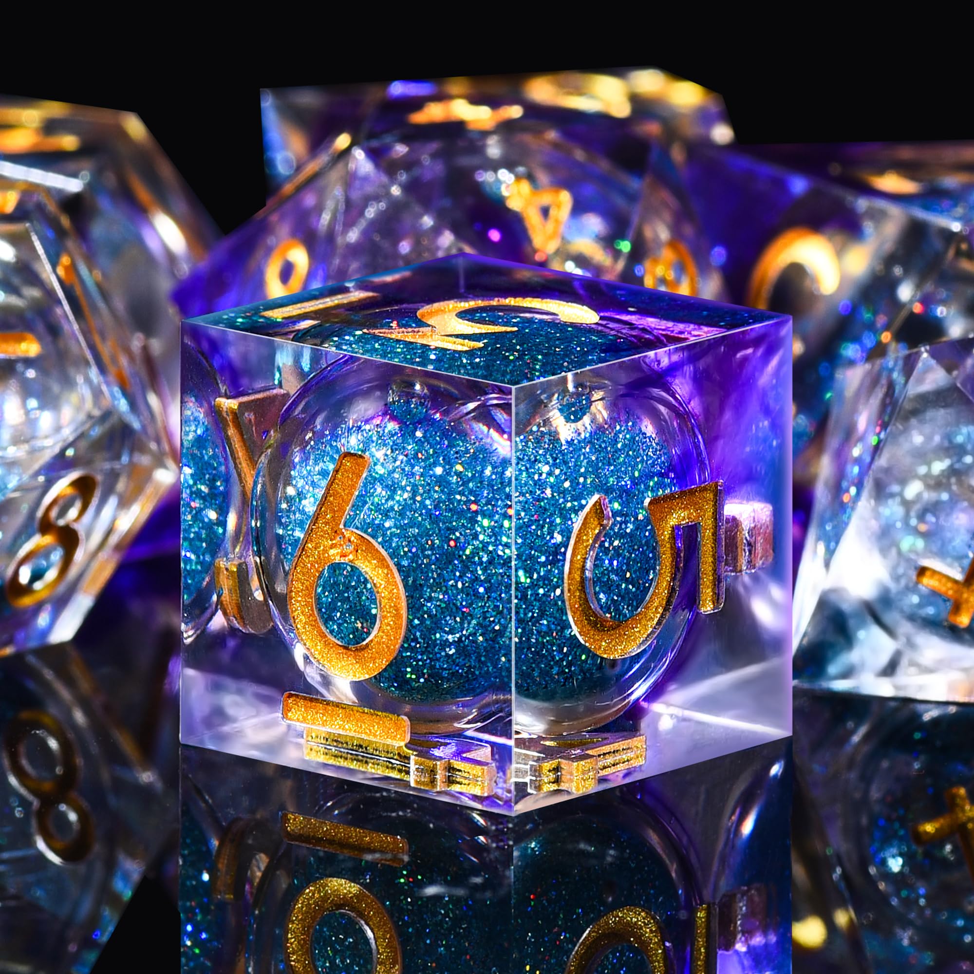 AUSTOR Liquid Core Resin DND Dice Set - 7-Piece Sharp Edge Polyhedral Dice for Dungeons & Dragons, RPG, MTG - Quicksand Handmade Violet & Blue Dice - Perfect for Tabletop Gaming, Role-Playing Adventures & Collectors