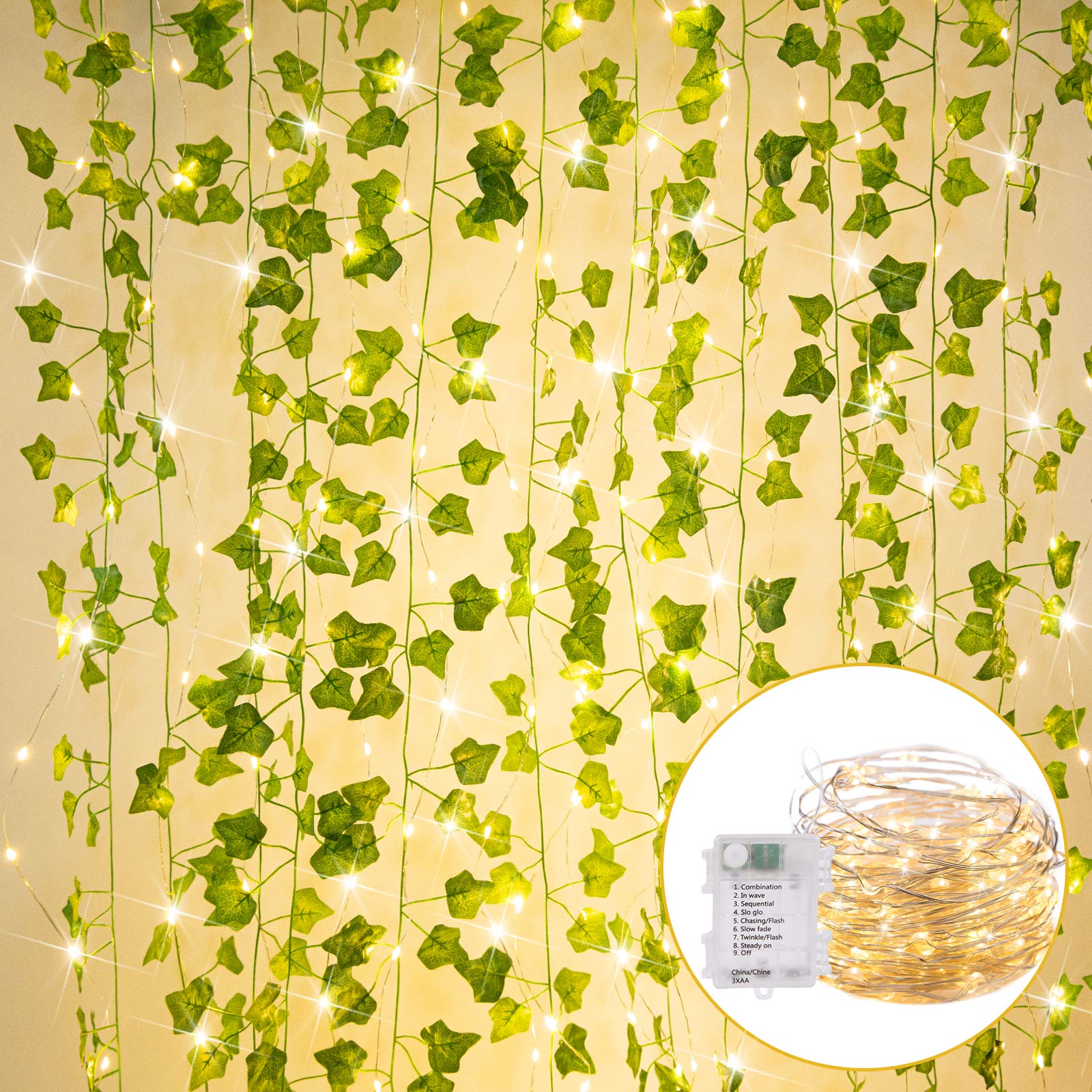 36 Ft. Battery Operated String Lights with Artificial Ivy Vines - 110 LED Vine Lights with 8 Lighting Modes, Warm White - Perfect for Bedroom, Wall Decor, Wedding, Indoor Party & Festival Lighting