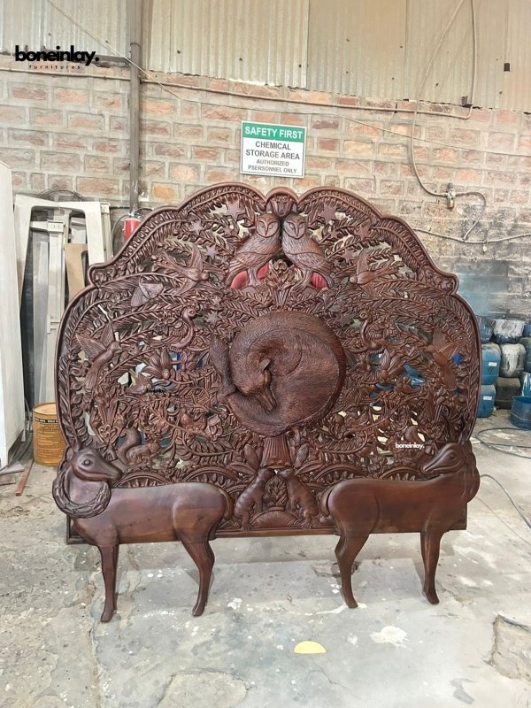 Hand Carved Wooden Deer Design King Size Bed Headboard - Rustic Bedroom Decor for Master Bedroom, Lodge, or Cabin Retreat