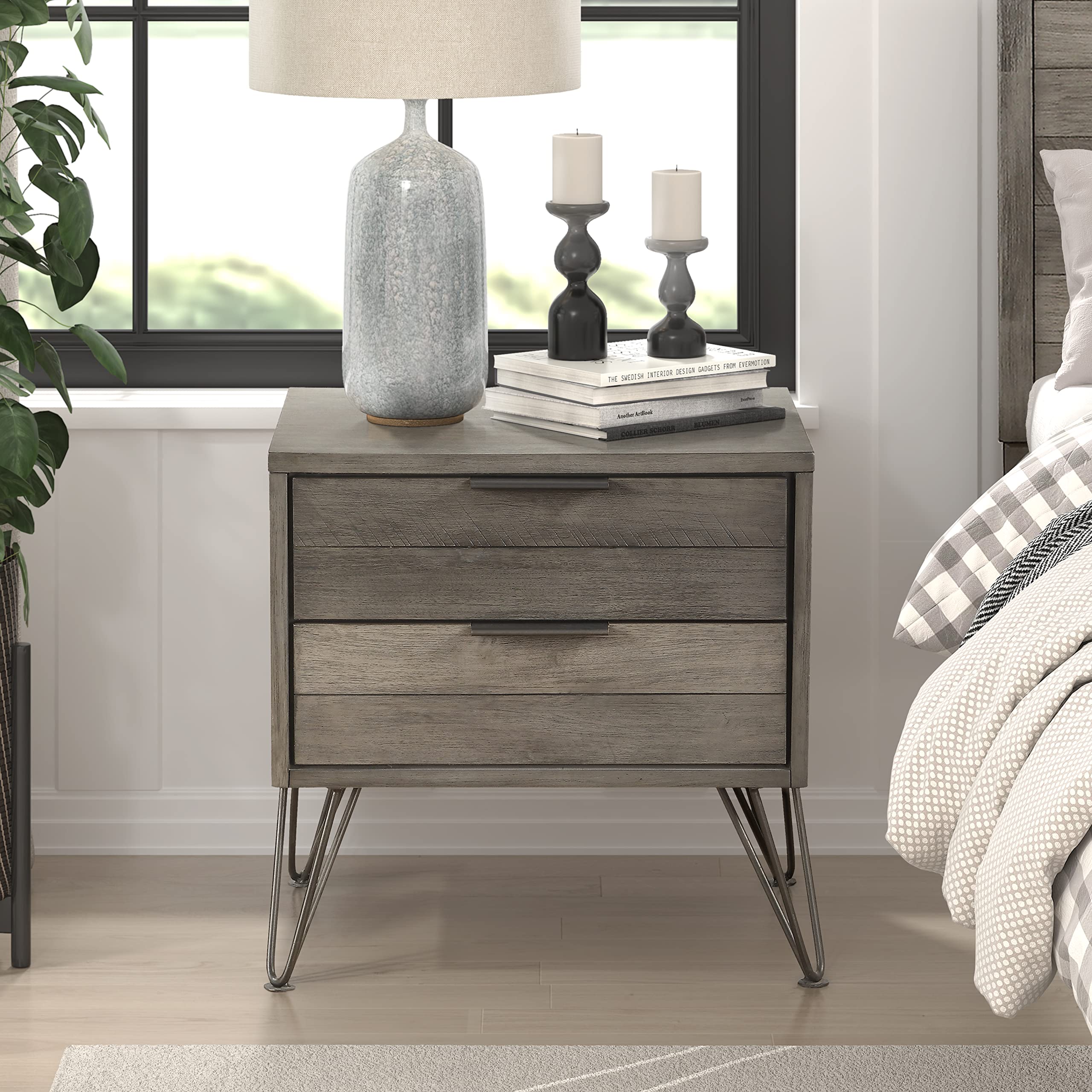 Lexicon Leavitt 2-Drawer Nightstand with Storage, Gray Wooden Bedside Table - Perfect for Bedroom, Living Room, or Guest Room