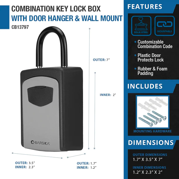 Barska CB13797 Key Lock Box - Secure Key Storage with Door Hanger & Wall Mount for Home, Office, and Real Estate Use